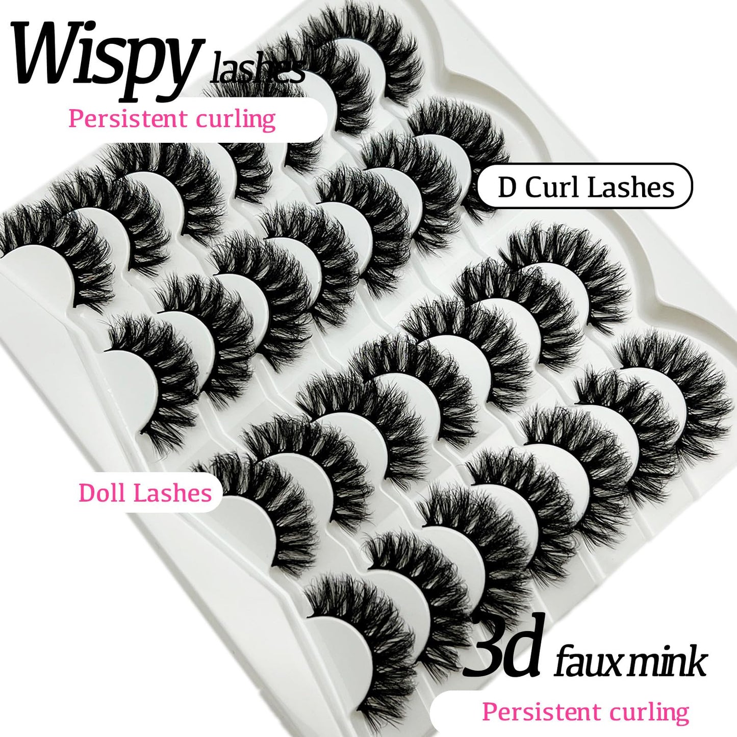etokdos Fluffy Lashes D Curl Dramatic Strip Lashes Mink 20mm Long Big Eyelashes Pack 3D Volume Faux Mink Fake Lashes Pack