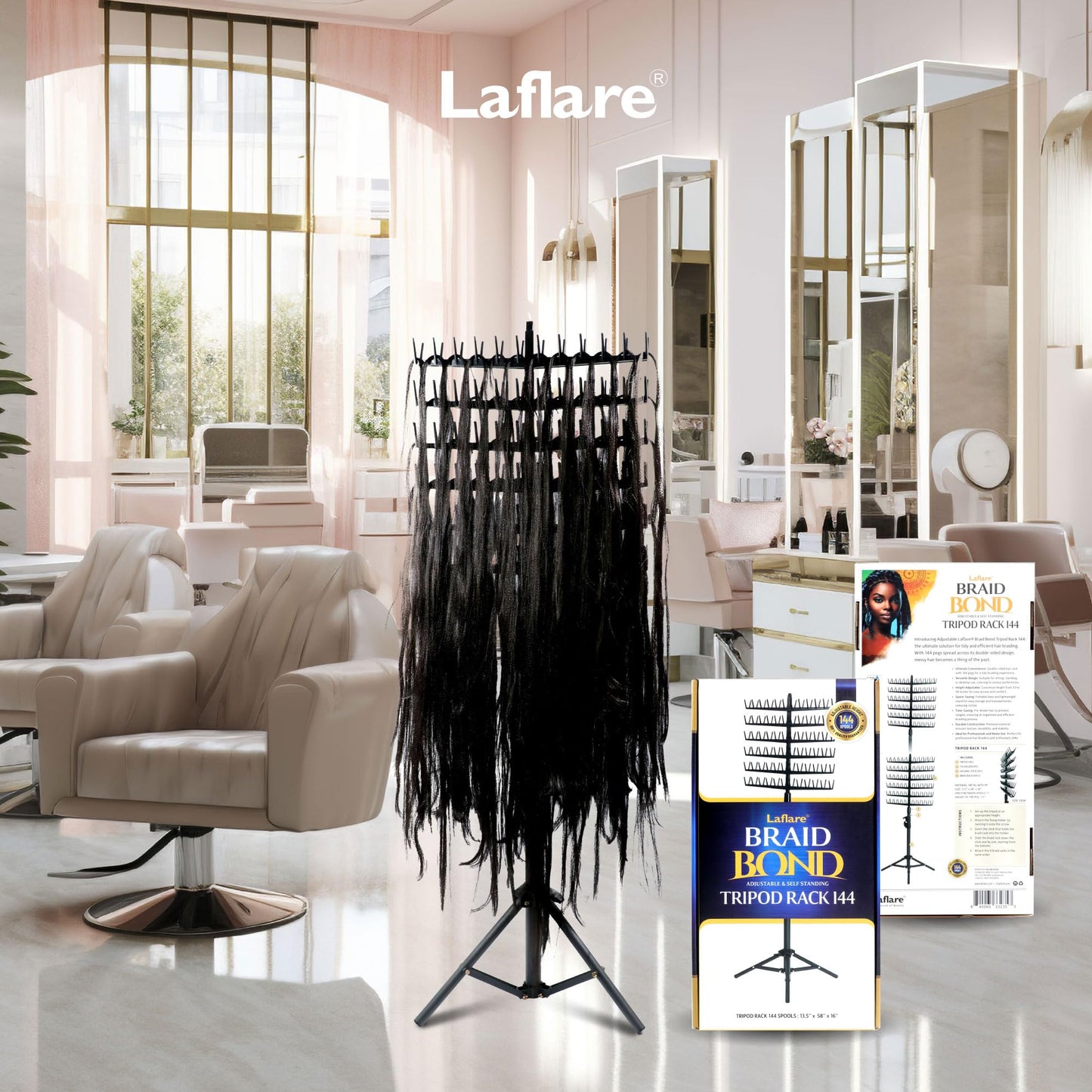 Laflare Standing Braid Hair Organizer – 144 Pegs Hair Extension Holder, Divider & Display Stand for Hair Braiding, Height Adjustable Rack, Easy to Assemble (Black-Combo)