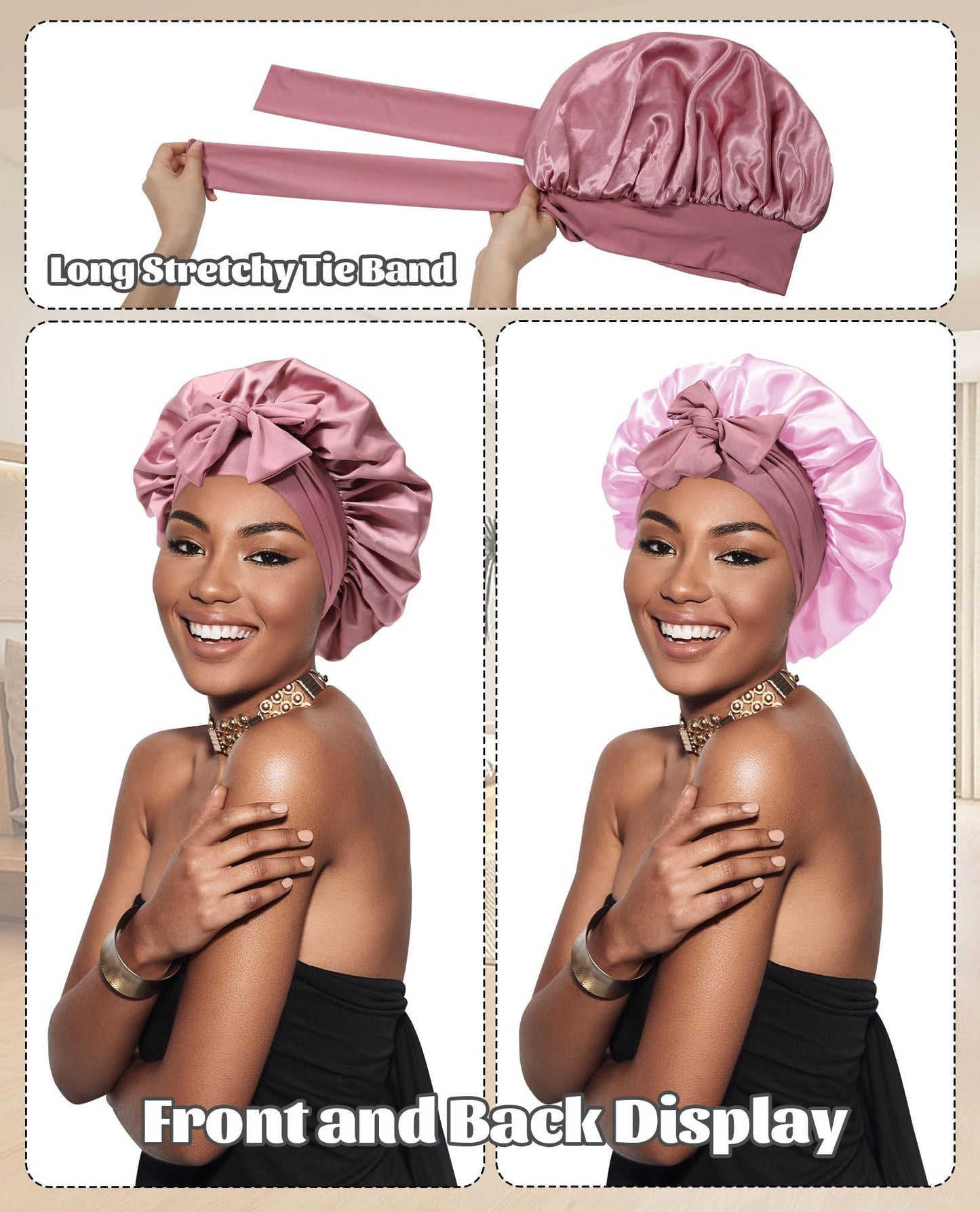 Satin Bonnet Silk Bonnet for Sleeping Silk Sleep Cap Double Layer Hair Bonnet with Elastic Tie Band for Curly Hair Night Cap (Bean Paste + Pink)
