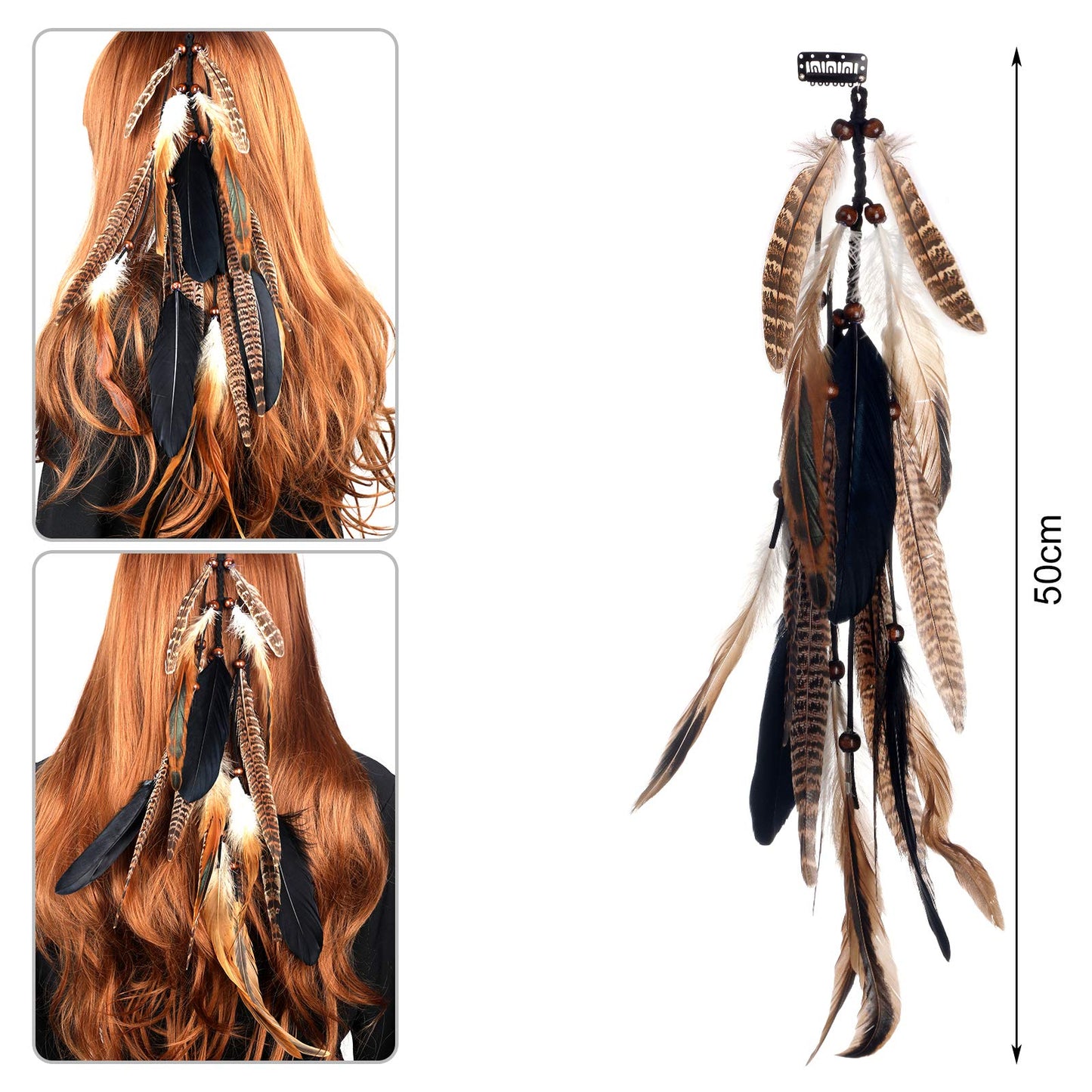 MWOOT 2Pcs Feather Hair Clip-in Extensions for Women Halloween Cosplay Costume Carnival Party Headdress, Handmade Bohemian Hippie Hair Clip Comb, Mixed Peacock Pheasant Tails Feather Clips Black Brown