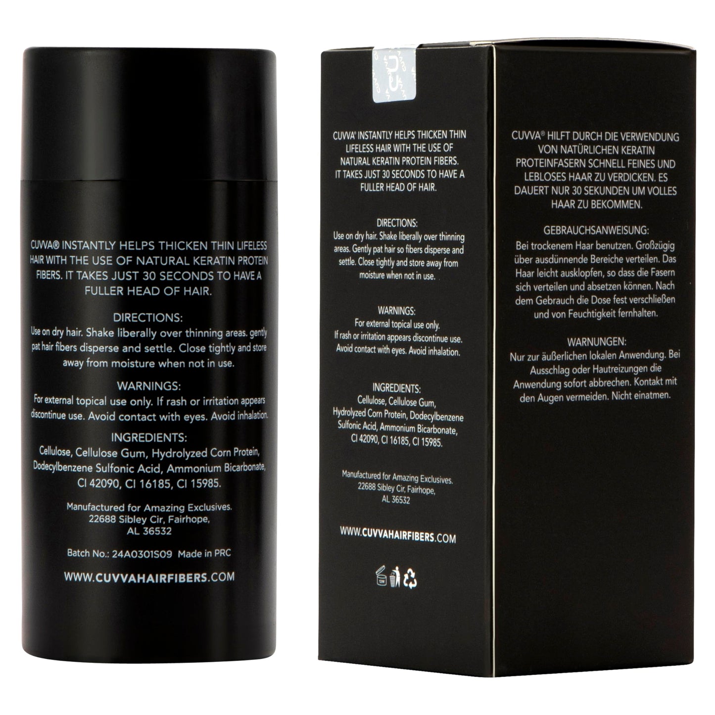 CUVVA Hair Building Fibers (30g) - Instantly Fill in Fine and Thinning Hair to Create a Thicker, Fuller Look - 13 Different Shades for Men & Women - Black