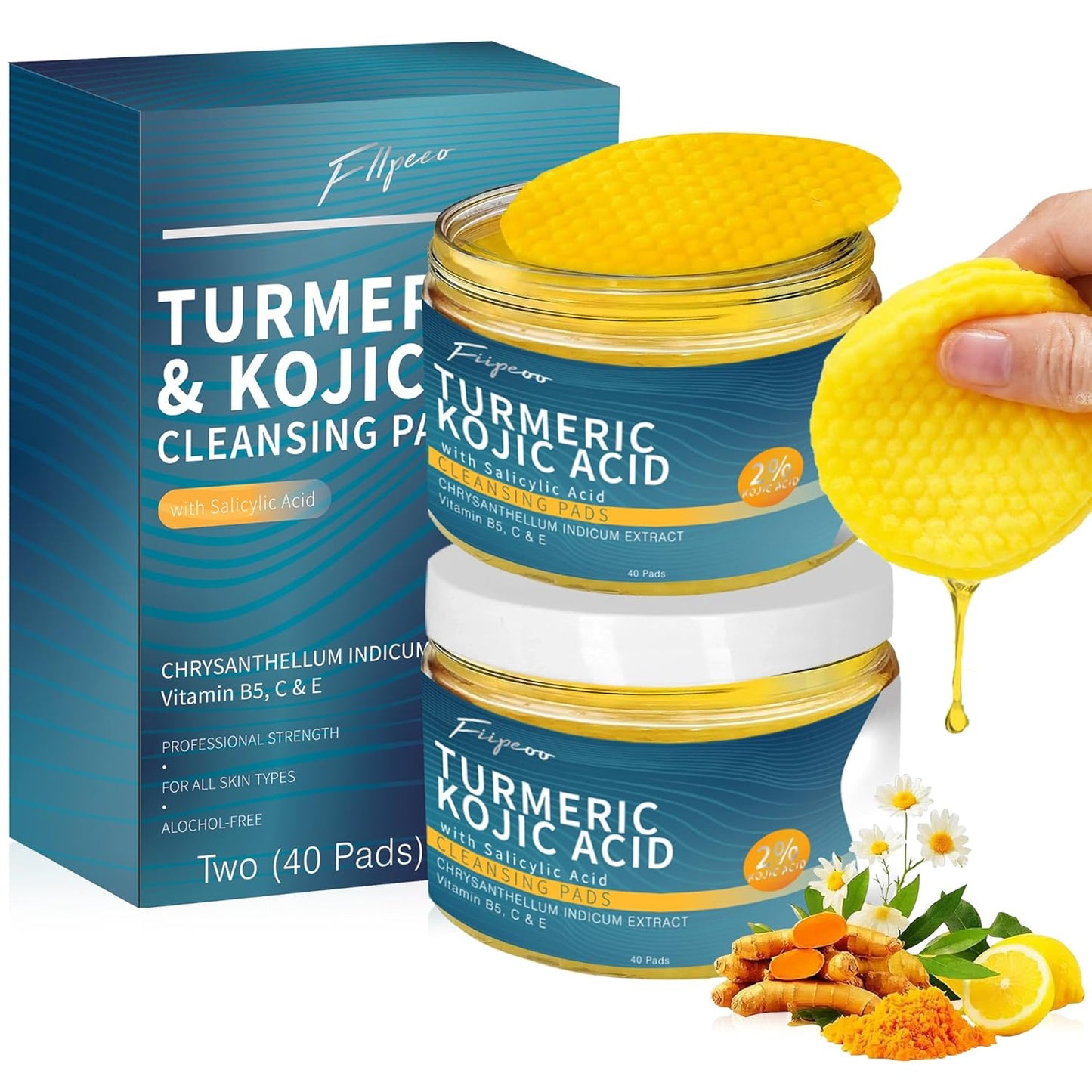 Turmeric Cleansing Pads with Kojic Acid - 80 Exfoliating & Hydrating Pads for Face