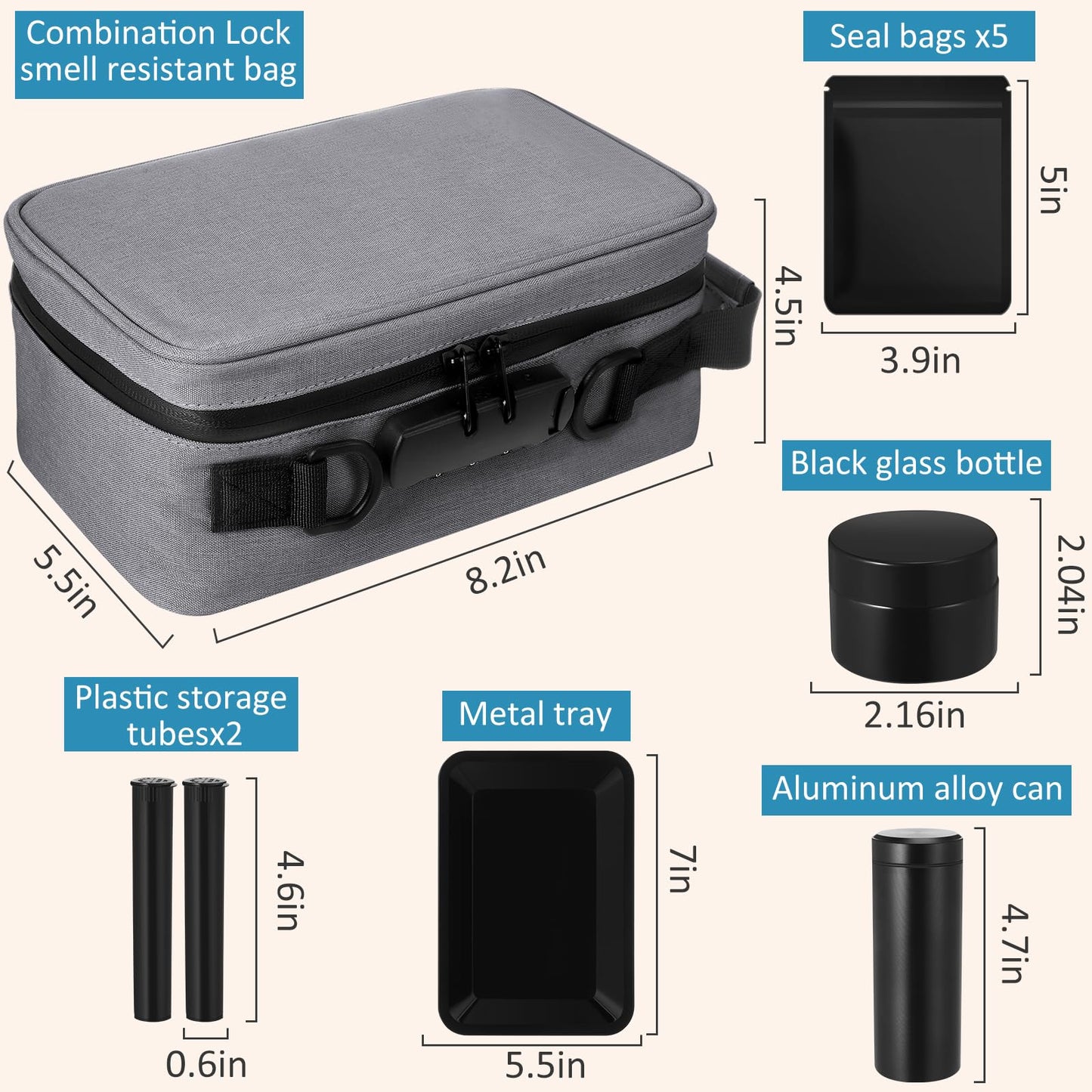 Wonderjune Smell resistant Bags with Combination Lock Storage Organization Container Tray, Jar, Tubes Seal Bags for Travel Gift for Men Women Home Storage Accessories(Gray)
