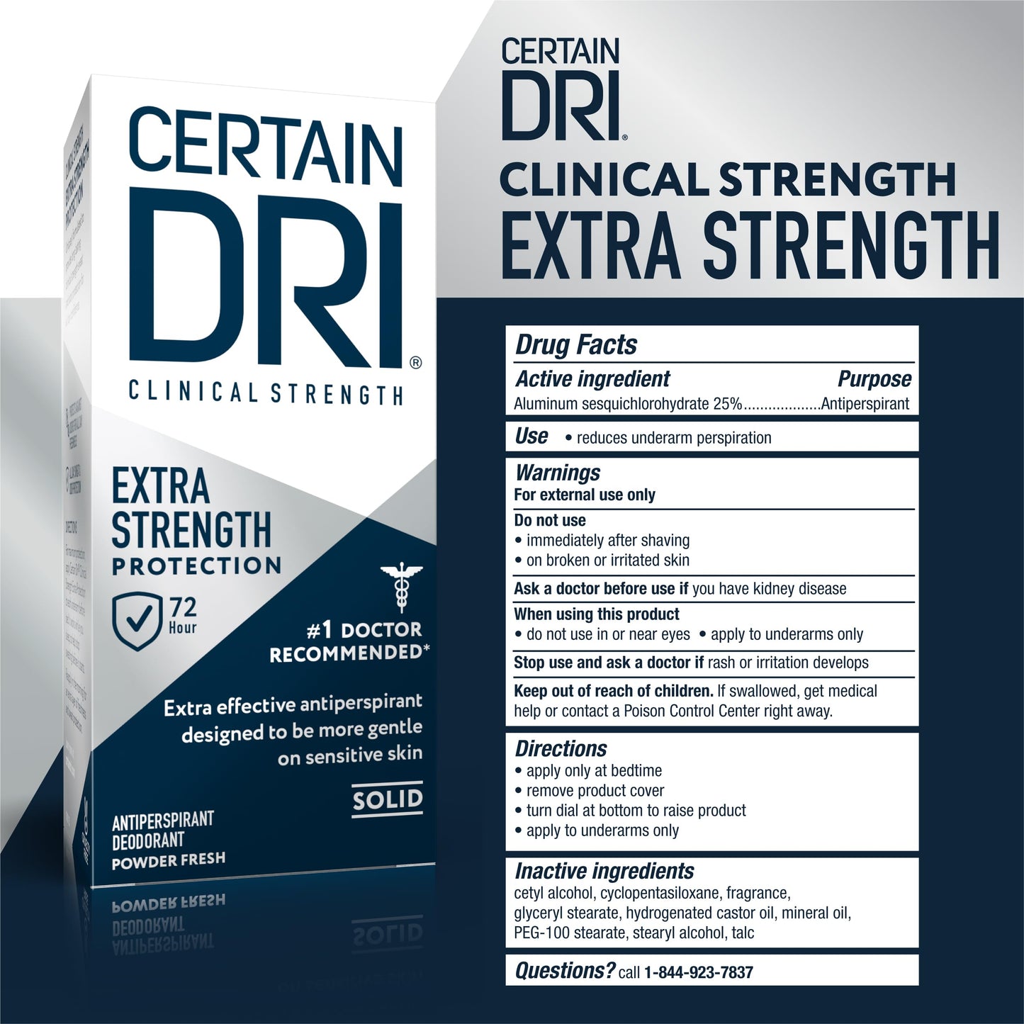 Certain Dri Extra-Strength Clinical Antiperspirant Solid Deodorant for Men & Women - 72-Hour Sweat & Odor Protection - Hyperhidrosis Treatment - Powder Fresh Scent