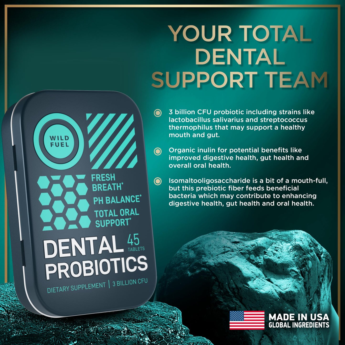 Dental Probiotics for Teeth and Gums - 3 Billion CFU Lactobacillus Salivarius Acidophilus Oral Probiotics for Mouth Bad Breath Treatment for Adults - 45 Mint Tablets for Oral Health in a Travel Tin