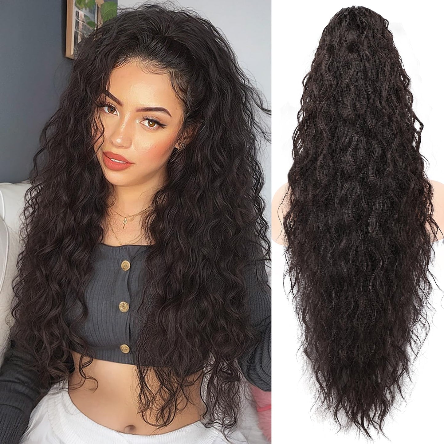 ORSUNCER Claw Long Wavy Ponytail Extension Black Brown 30" Curly Pony Tail Clip in Hair Extensions for Women fluffy Natural Looking Synthetic Hairpiece for Daily Use