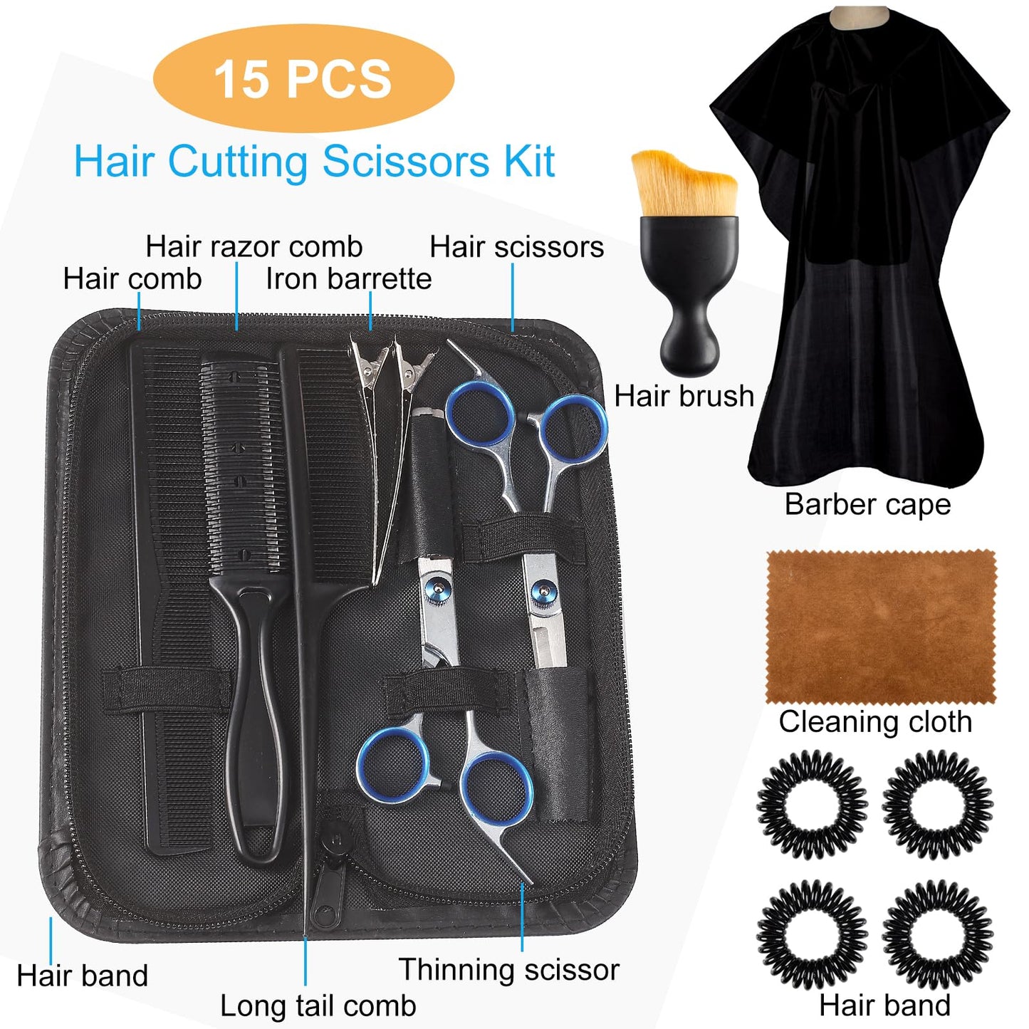 15 pcs Hair Cutting Scissors Professional, Thinning Shears for Hair Cutting, Stainless Steel Barber Scissors, Lengnoyp Haircut Scissors Hair Cutting Kit for Women, Men