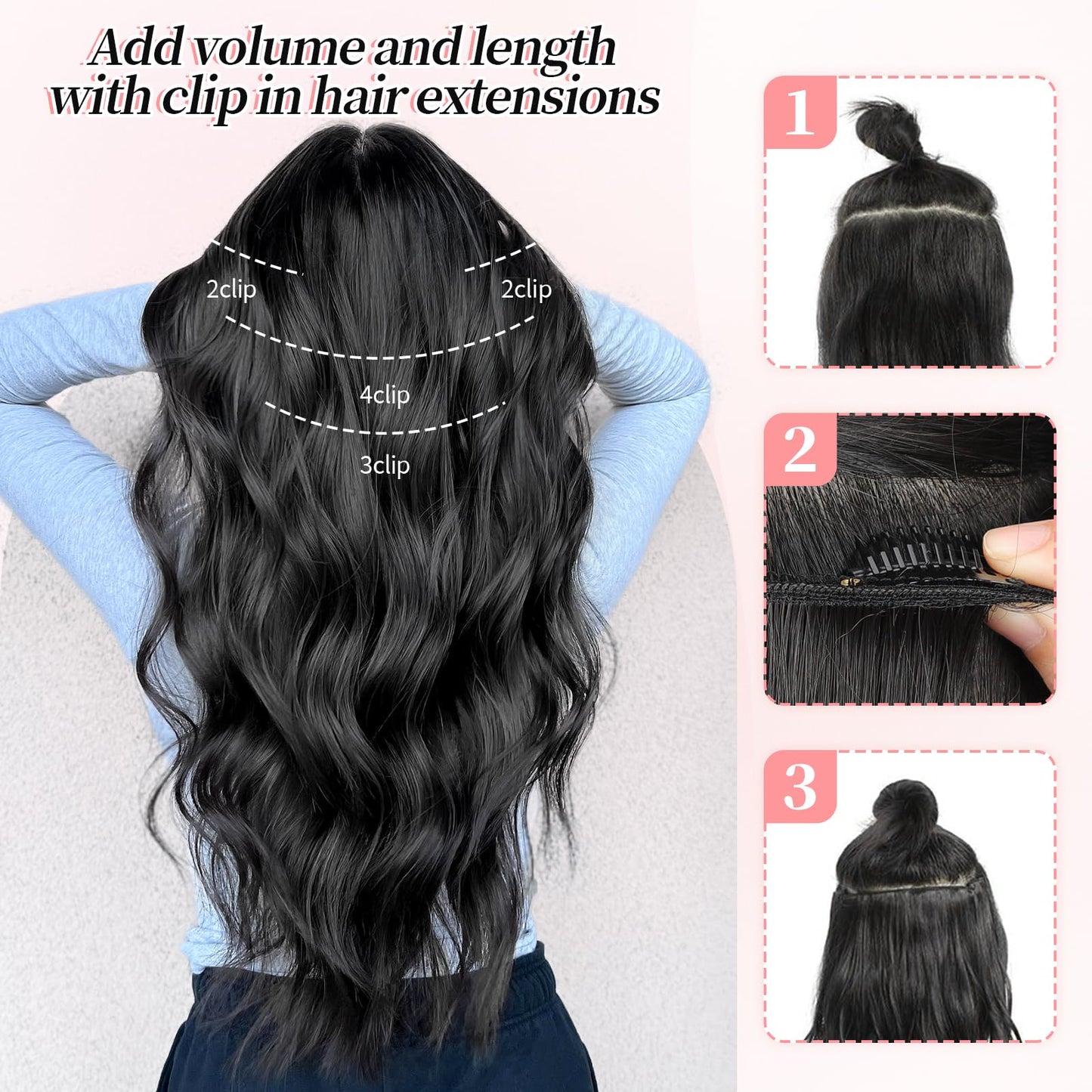 KooKaStyle Clip in Synthetic Hair Extensions Long Wavy 4PCS Thick Hairpieces Black Fiber Double Weft Natural Hair Extensions 24 Inch for Women