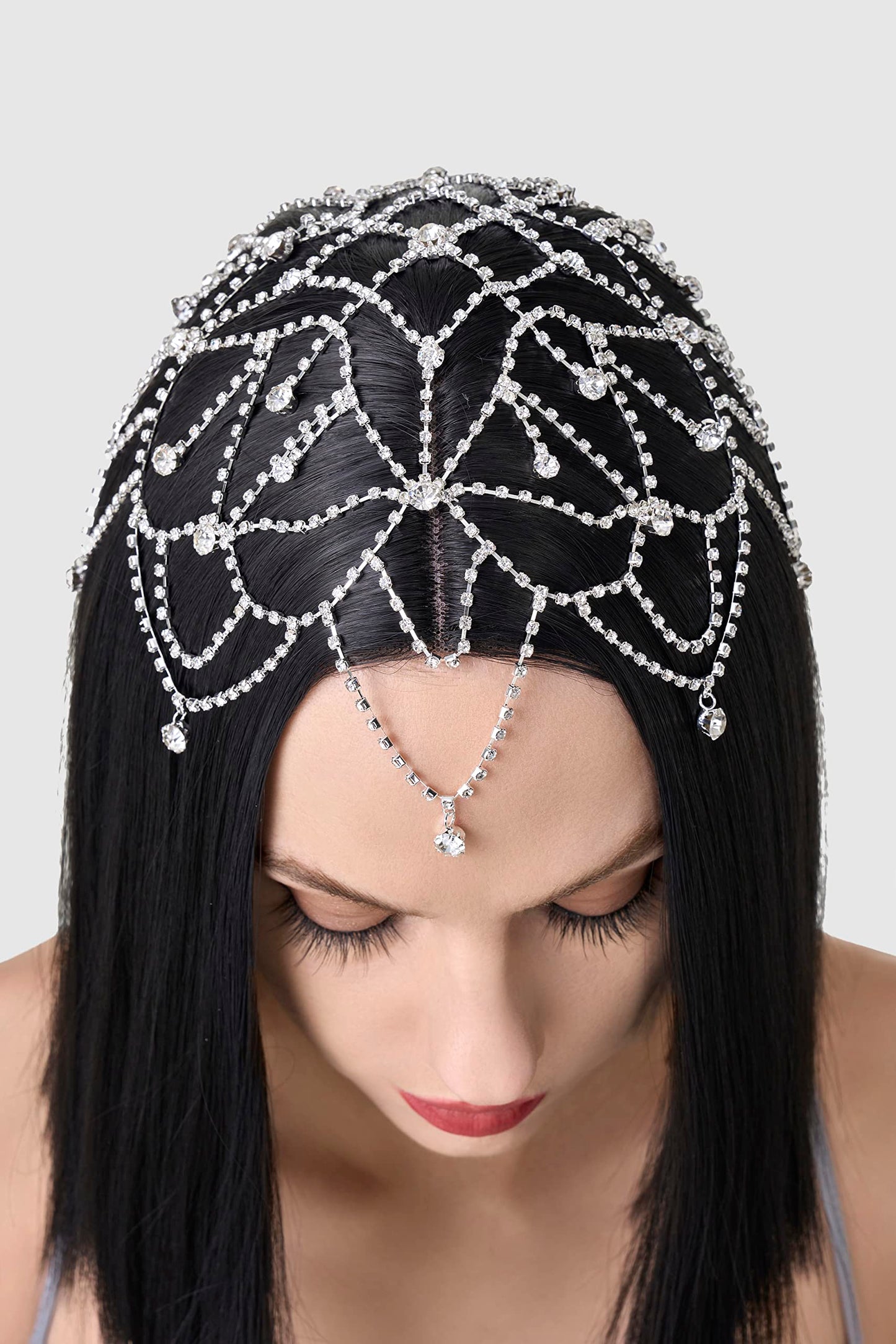 BABEYOND 1920s Crystal Cap Headpiece Rhinestone Head Chain Roaring 20s Great Gatsby Hair Accessories for Art Deco Party (Silver)