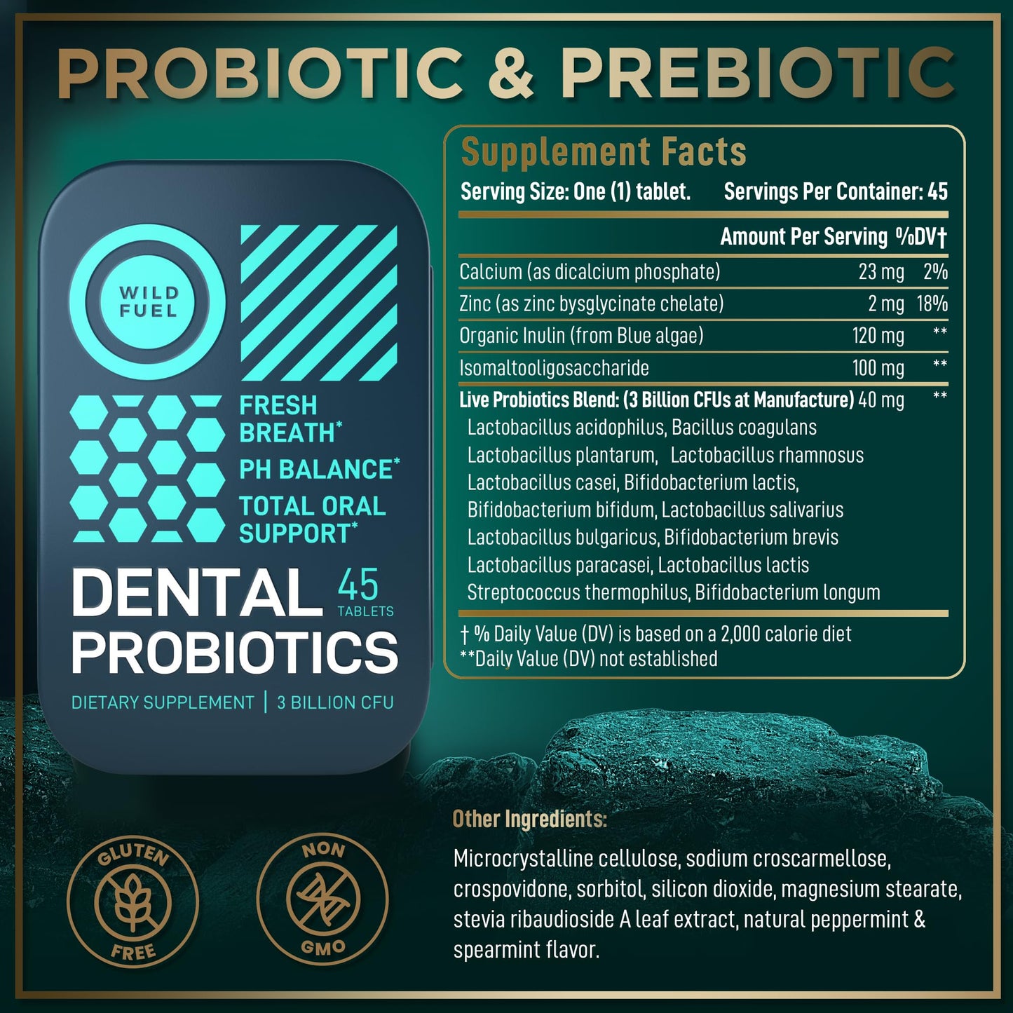 Dental Probiotics for Teeth and Gums - 3 Billion CFU Lactobacillus Salivarius Acidophilus Oral Probiotics for Mouth Bad Breath Treatment for Adults - 45 Mint Tablets for Oral Health in a Travel Tin
