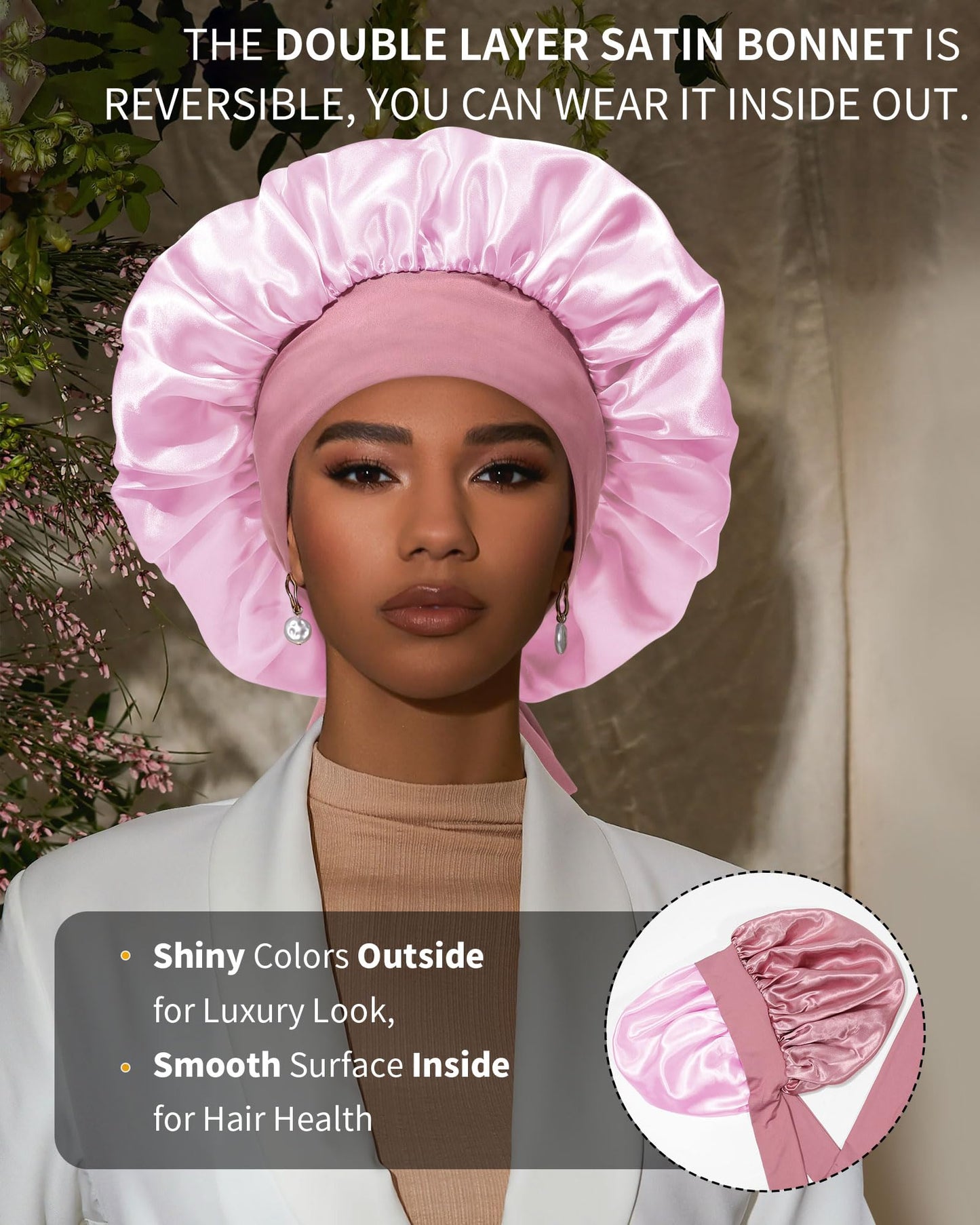 Satin Bonnet for Women Silk Bonnets for Sleeping Curly Hair Bonnet with Elastic Tie Band Reversible Double Layer Sleep Cap Hair Wrap (Bean Paste + Pink)