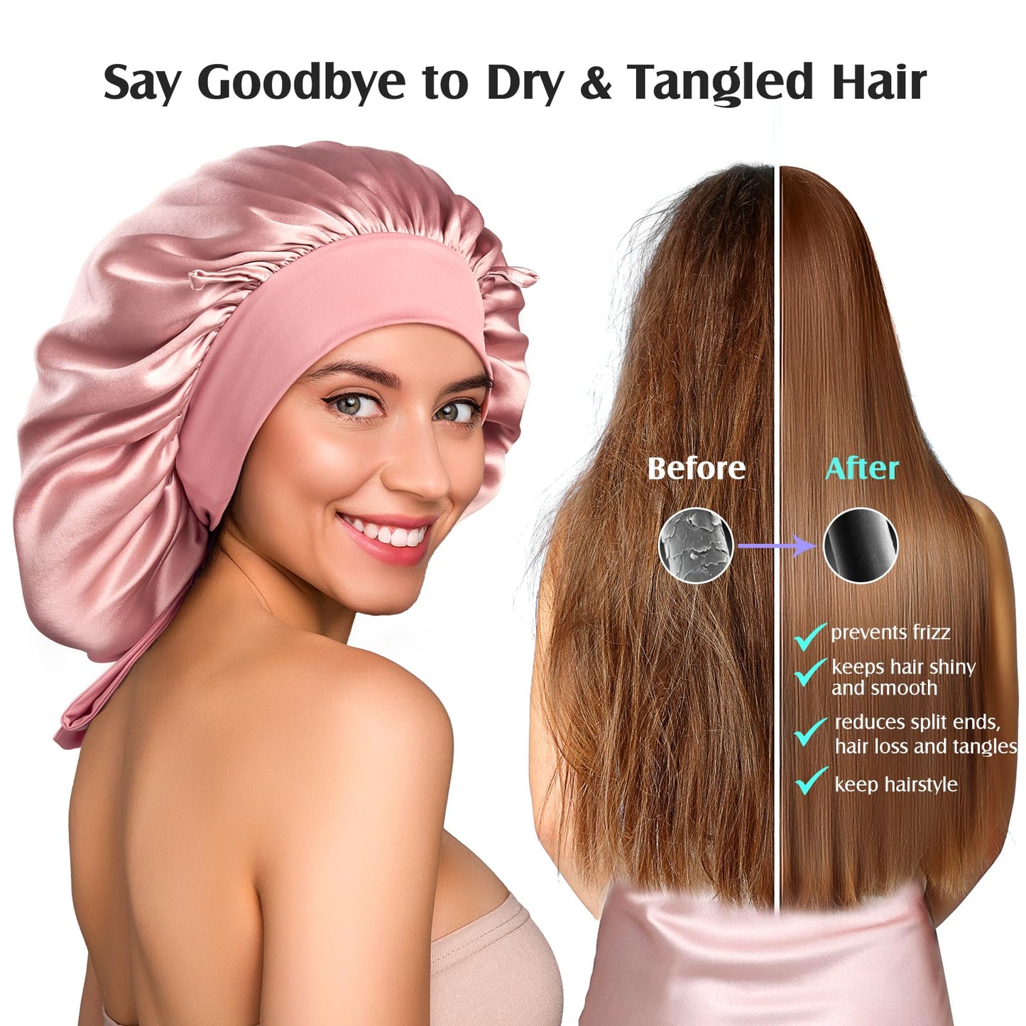 YFONG 100% 22 Momme Mulberry Silk Bonnet for Sleeping Women, Larger Double Layer Silk Hair Wrap for Curly Short Long Hair, Non-Slip Sleep Cap Turban with Elastic Tie Band for Hair Care, Pink