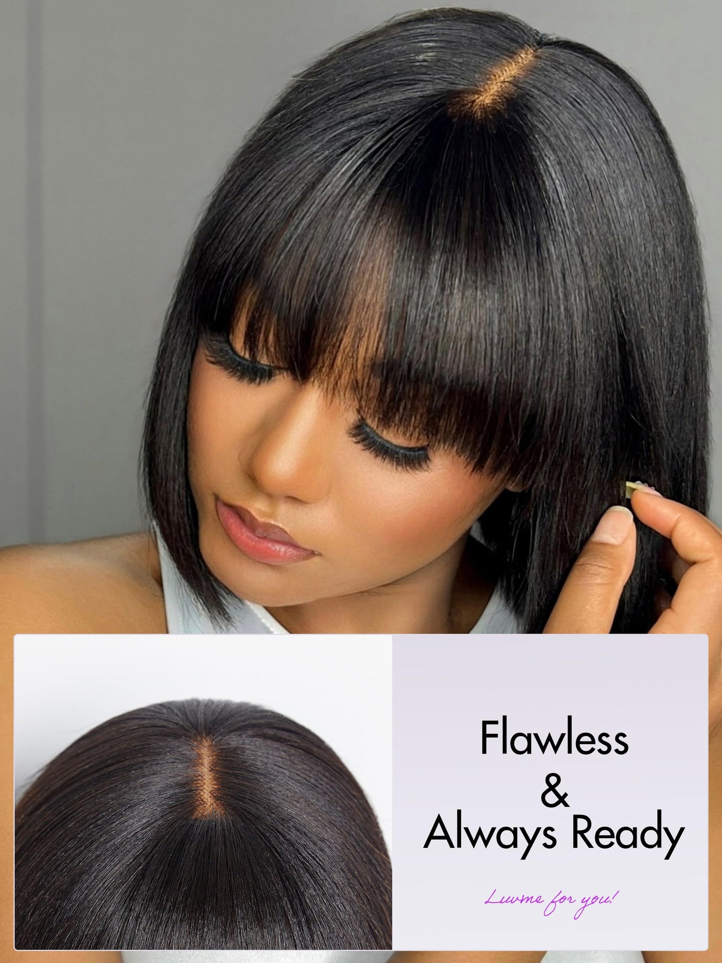 LUVME HAIR 10 Inch Light Yaki Straight Bob Wig with Bangs Human Hair Realistic HD Lace Short Black Bob Wigs, Ready to Go Blunt Cut Bob Wig Glueless 180 Density