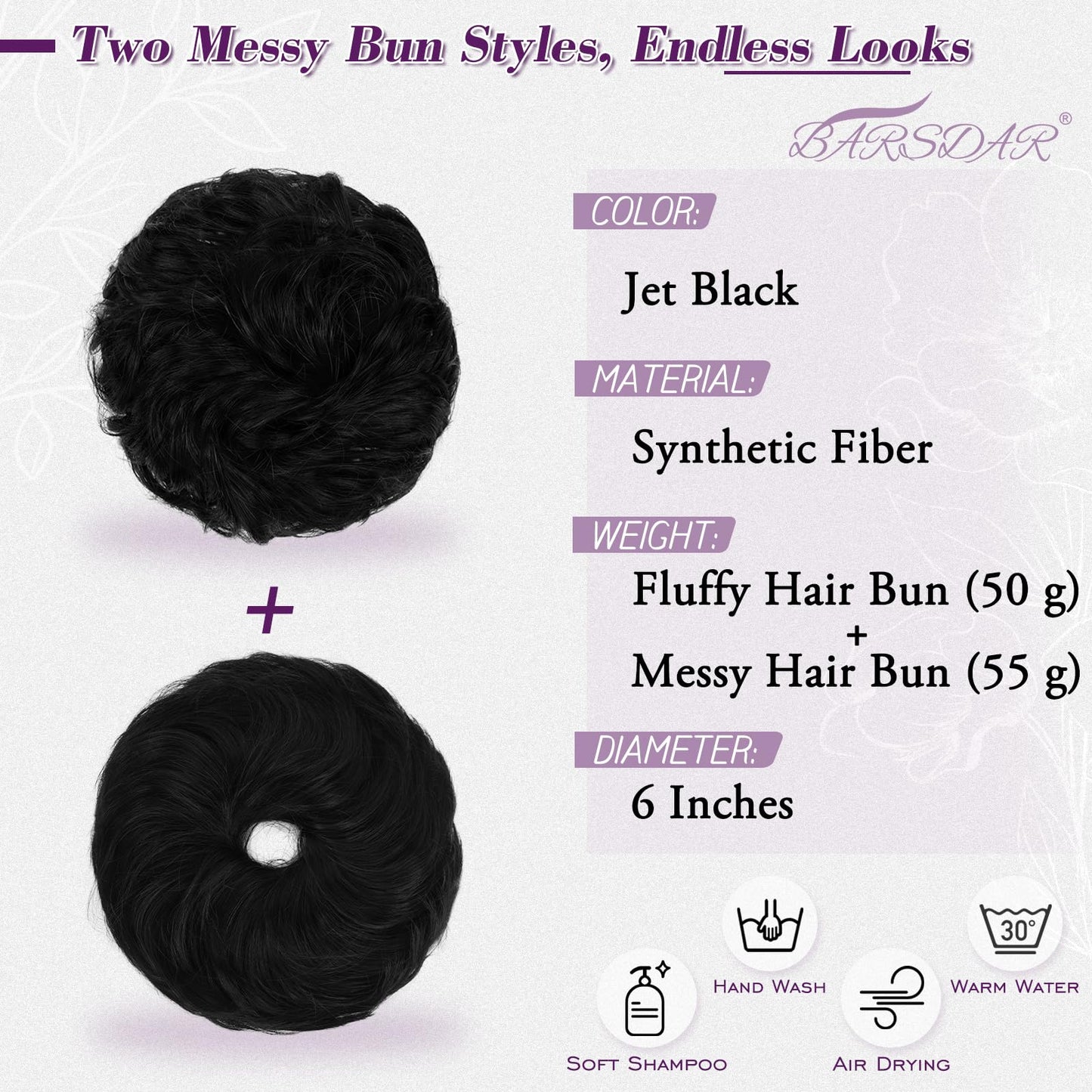 BARSDAR 2 PCS Messy Bun Hair Pieces - Elastic Jet Black Messy Hair Bun Scrunchies Extensions for Women - Synthetic Thick Fluffy Donut Updo Jet Black Chignons Hairpieces Daily