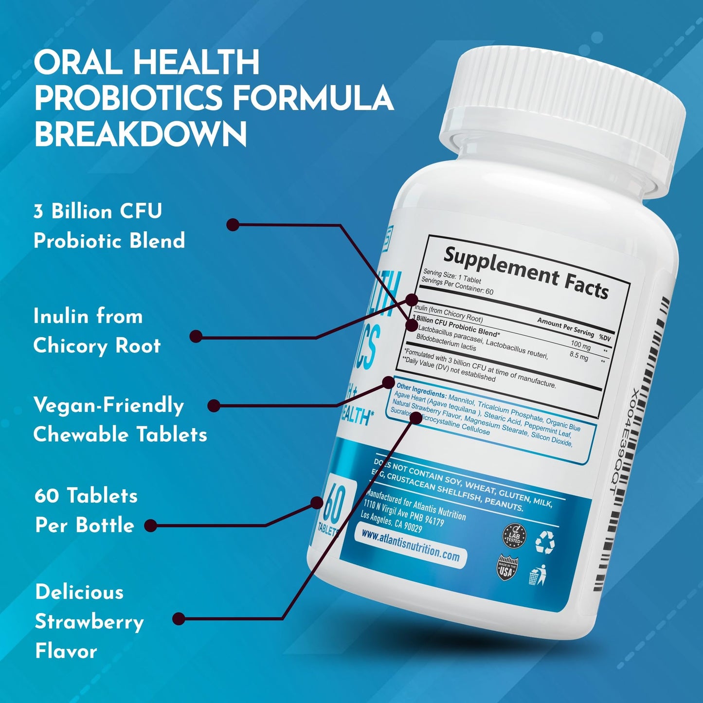 Atlantis Nutrition Oral Probiotics Chewable Tablet - Dental Probiotic for Gum Care & Teeth Care - Bad Breath Treatment for Adults - 3 Billion CFU Probiotic Blend - Strawberry Flavor - 60 Tablets