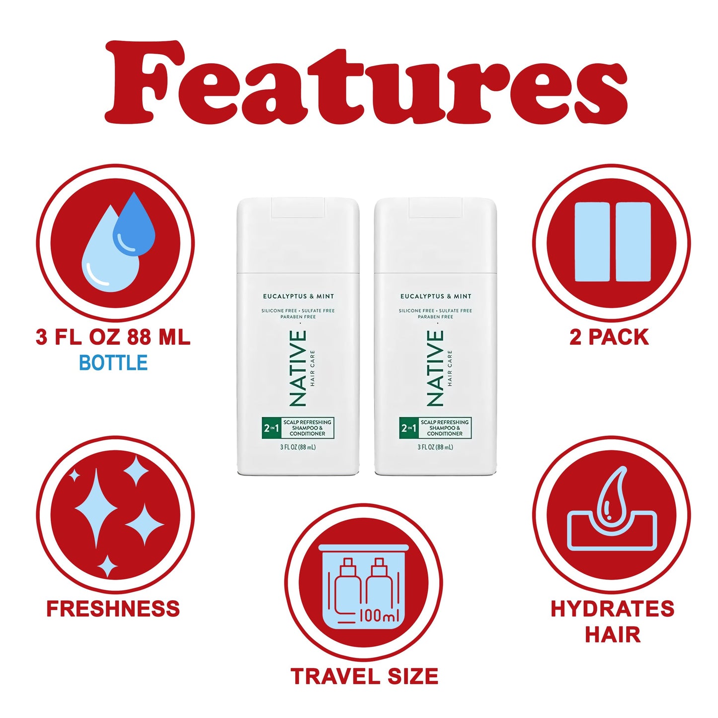 Native 2 in 1 Shampoo and Conditioner, 2 Pack Travel Size Shampoo and Conditioner for Men and Women with Naturally Derived Plant Based Ingredients, Eucalyptus and Mint Scent, 3 oz. Each