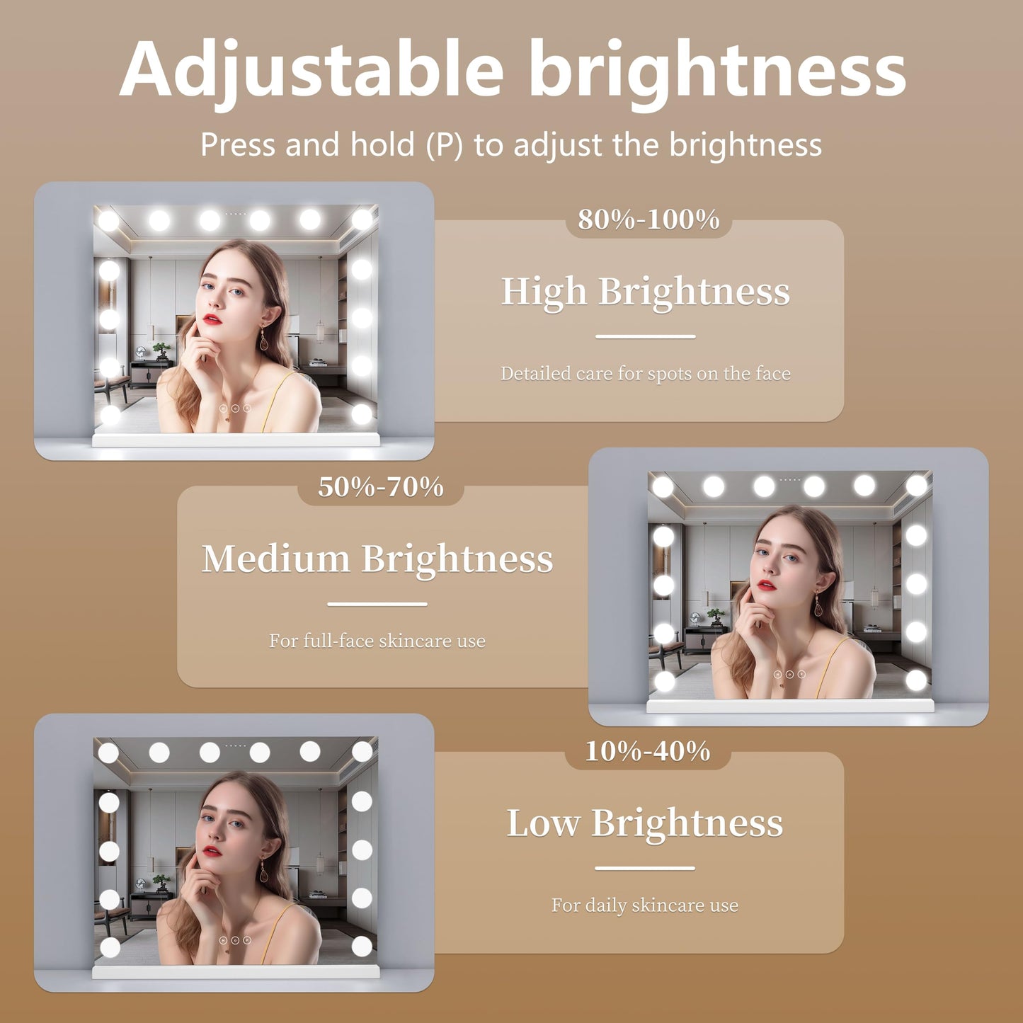 NUSVAN Vanity Mirror with Lights Lighted Makeup Mirror with Dimmable LED Bulbs,3 Color Lighting Modes,USB Charging Port Touch Control,Sturdy Metal Frame Design,White (50x40cm, 4.70)