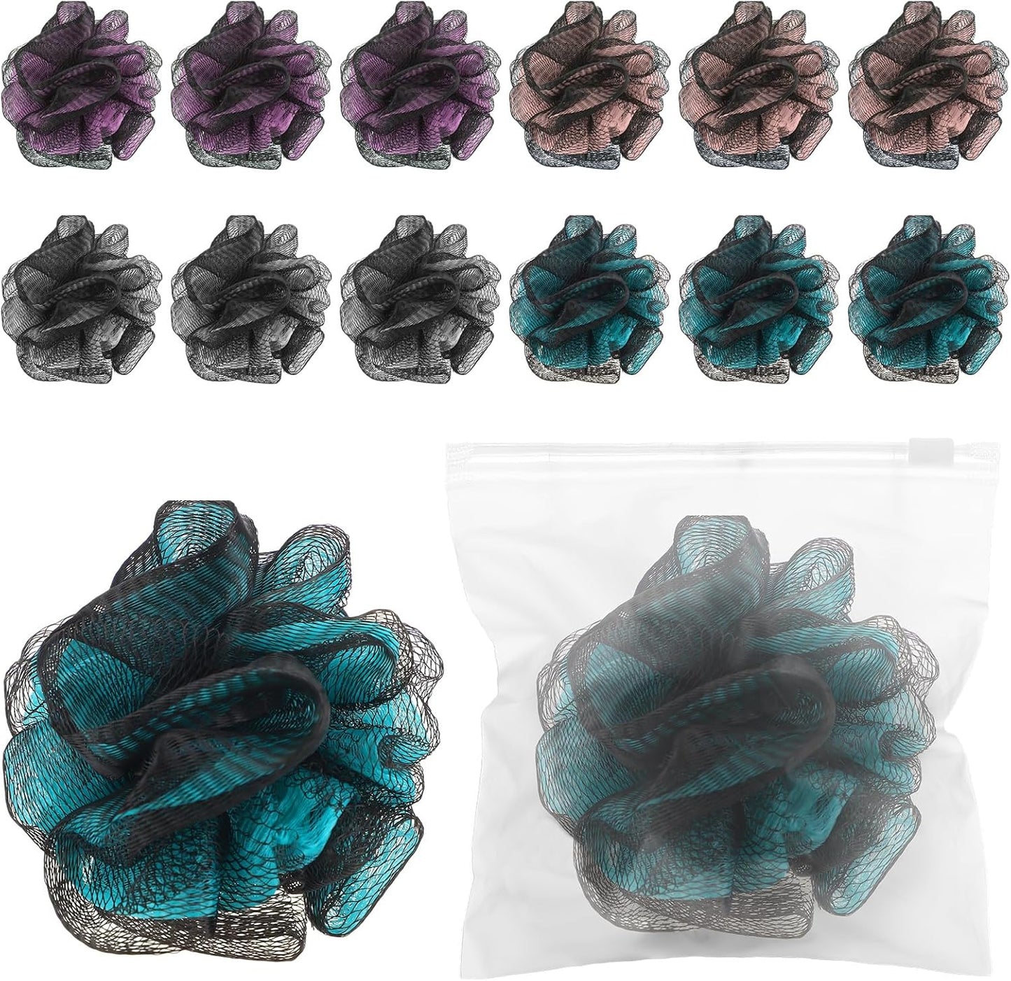 Travel Size Loofah Set - 12 Individually Wrapped Mini Bath Sponges with Case (Black, 25g)