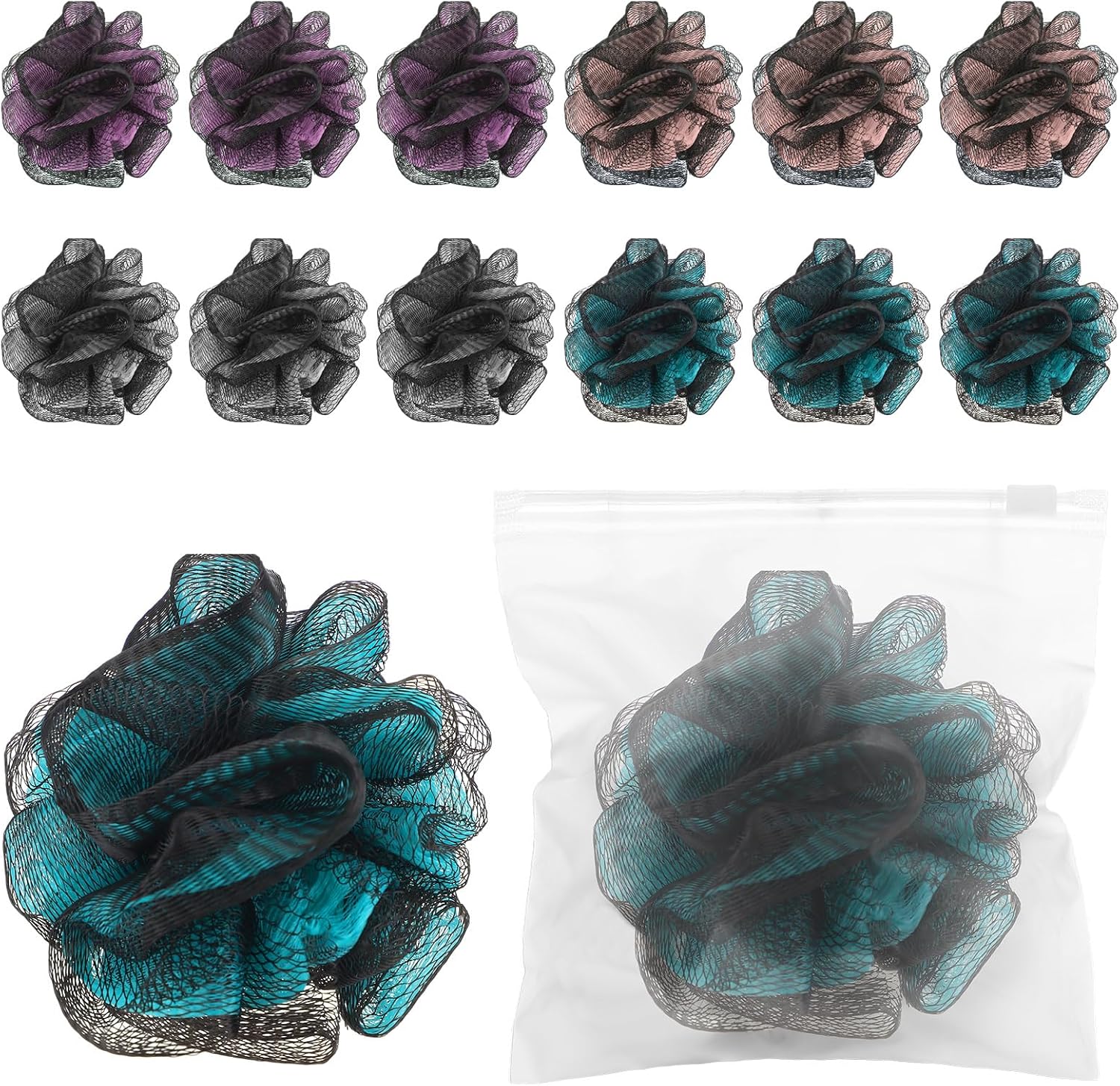 Travel Size Loofah Set - 12 Individually Wrapped Mini Bath Sponges with Case (Black, 25g)