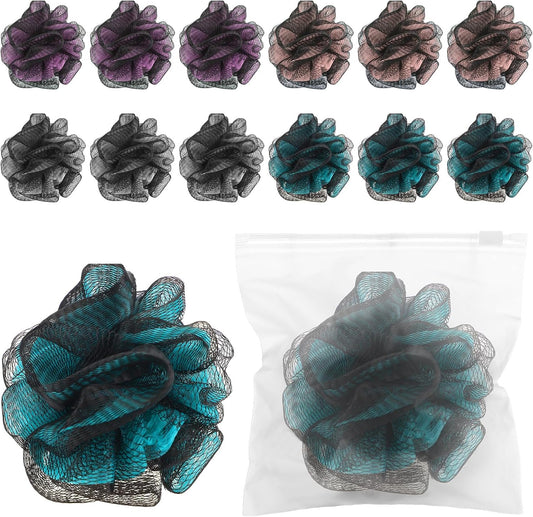 Travel Size Loofah Set - 12 Individually Wrapped Mini Bath Sponges with Case (Black, 25g)
