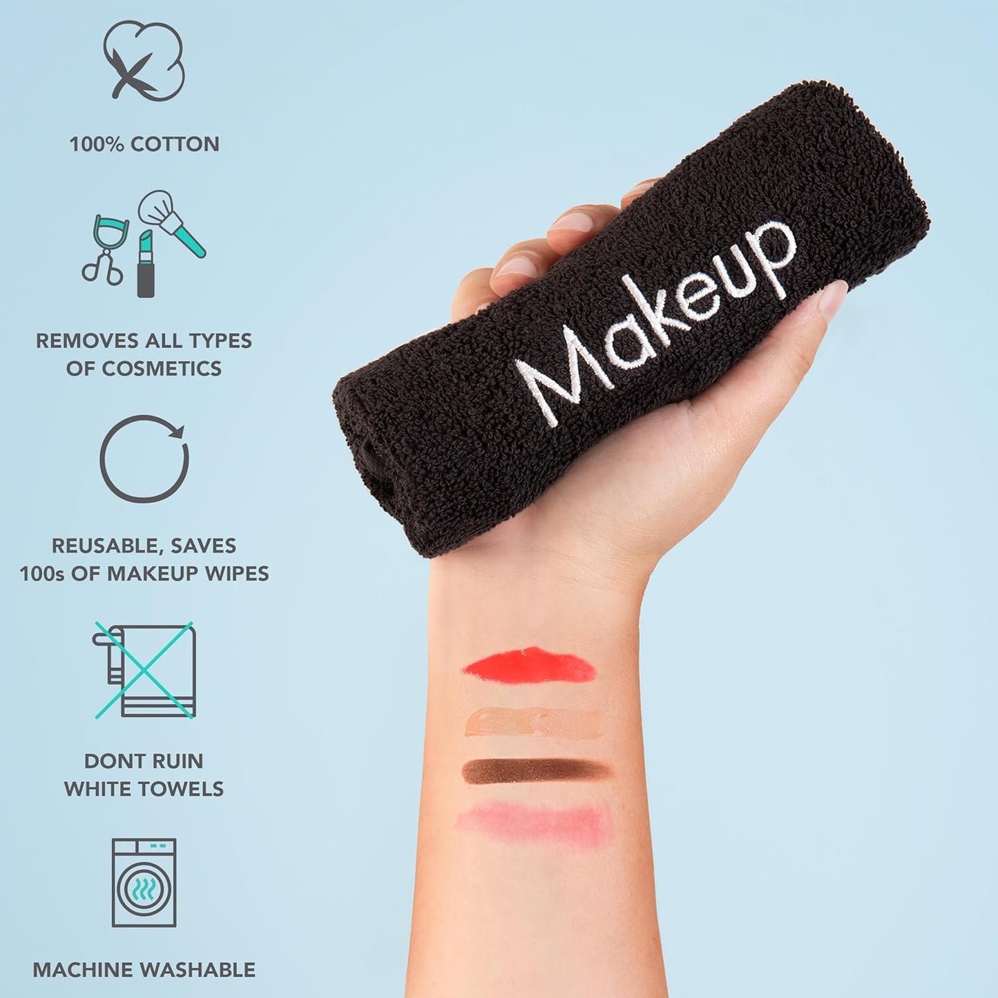 Arkwright Cotton Makeup Towels - 6 Pack, Soft FingerTip Washcloths for Bathroom & Artists, 11x17 in, Black