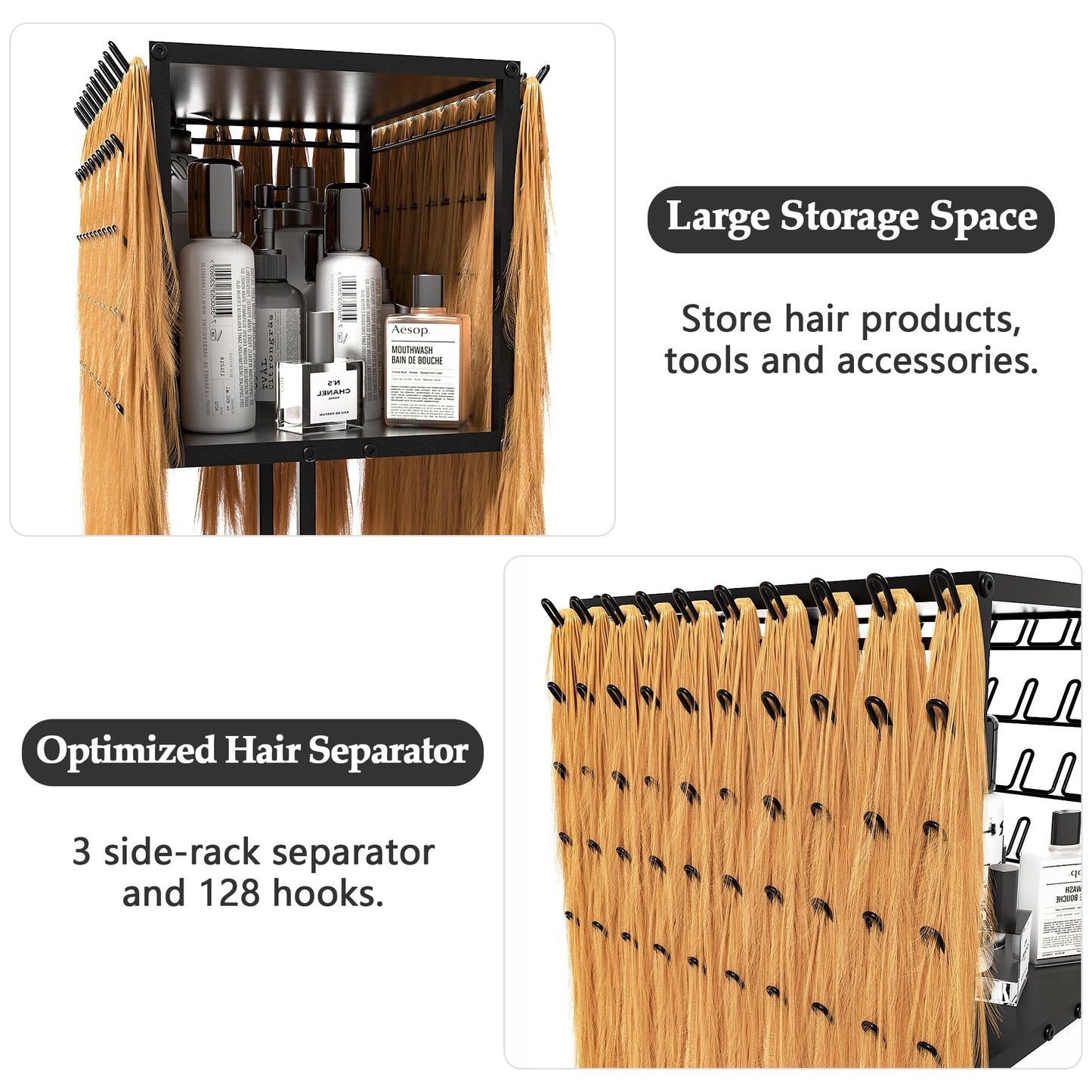 yeshine Metal Braiding Hair Rack, Hair Extension Holder Height Adjustable, Braiding Hair Holder with Wheels, Hair Braiding Tools, 3 Sided Hair Separator Stand with Large Capacity (128 Pegs)