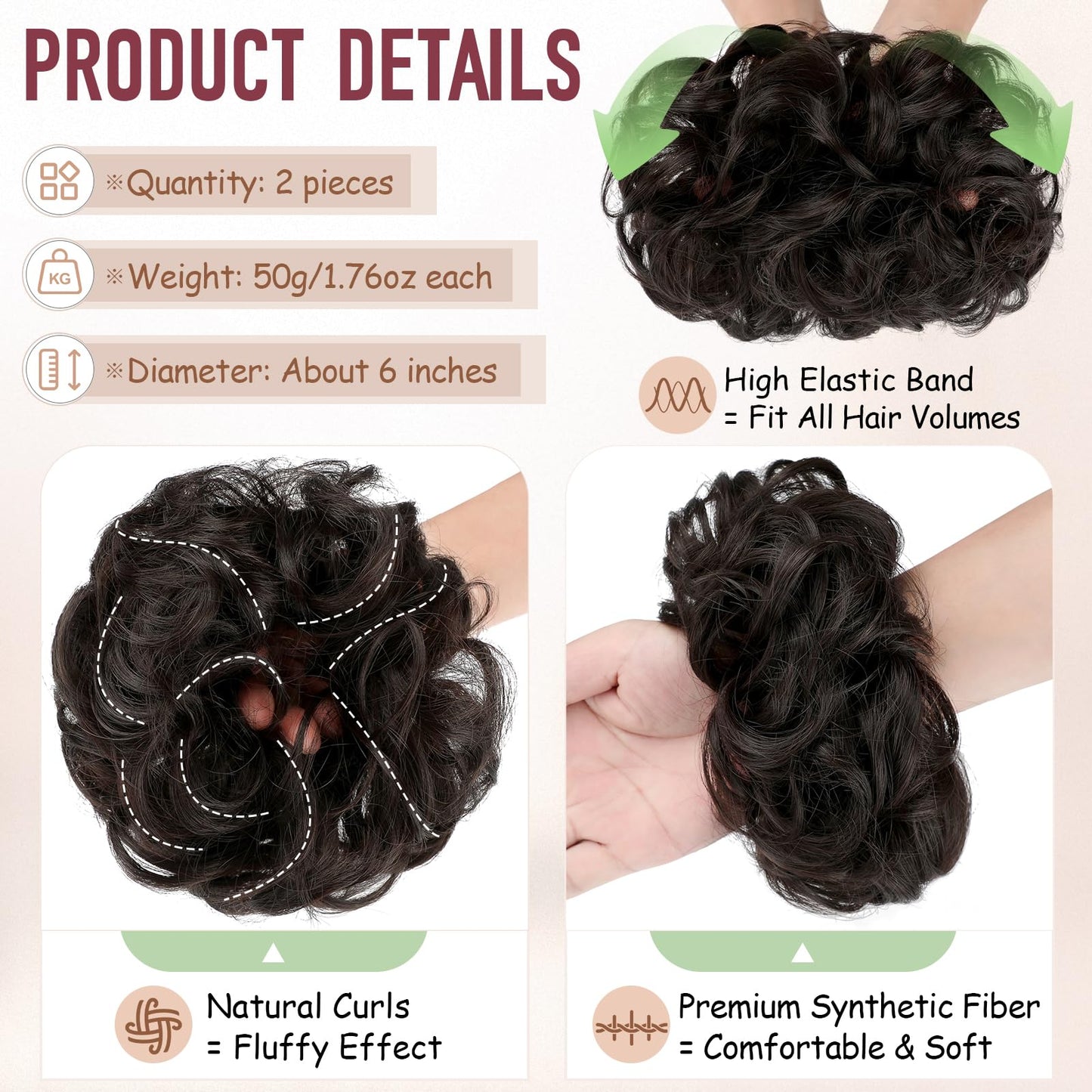 FeidyLong 2 PCS Messy Bun Hair Piece Wavy Curly Hair Bun Scrunchies Extensions Synthetic Chignon Thick Updo Hairpieces for Women Girls(Dark Brown)