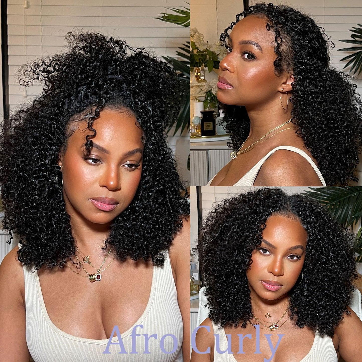 OQ Hair V Part Wig Human Hair Afro Curly Upgrade U Part With Adjustable Drawstring 180% Density V Shape Clip In Half Wig For Women Natural Color 16 Inch