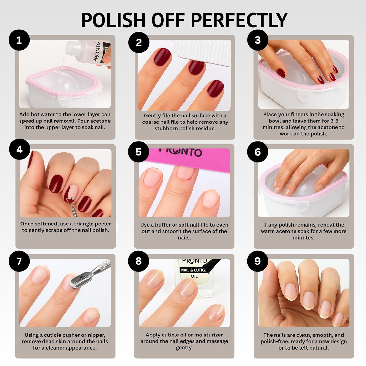 Pronto Pure Acetone 16 oz Nail Polish Remover - Complete Acrylic Nail Kit with Cuticle Pusher, Nail File & Buffer for Gel & Dip Powder Removal