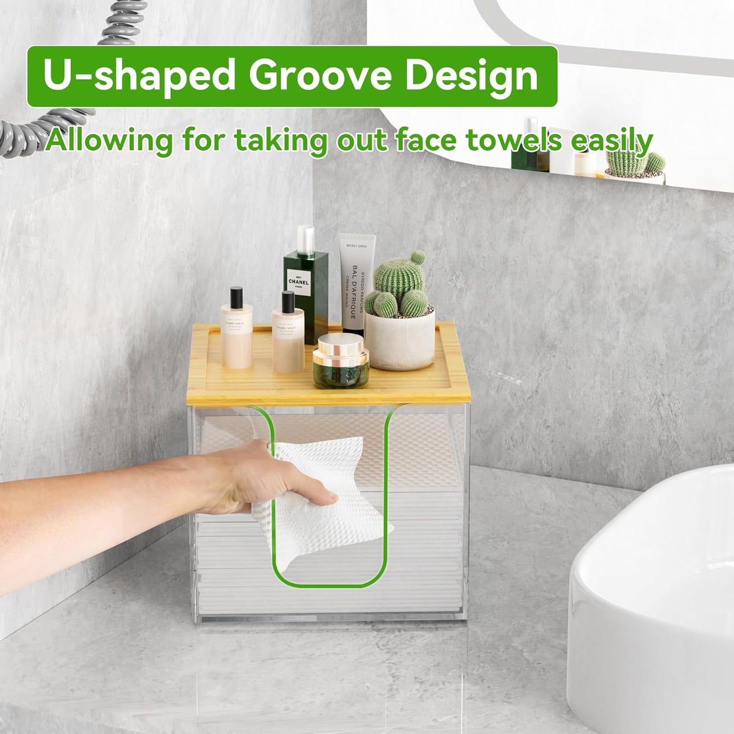 VITVITI Acrylic Face Towel Holder Box - Large Disposable Towel Storage with Bamboo Lid for Bathroom & Vanity