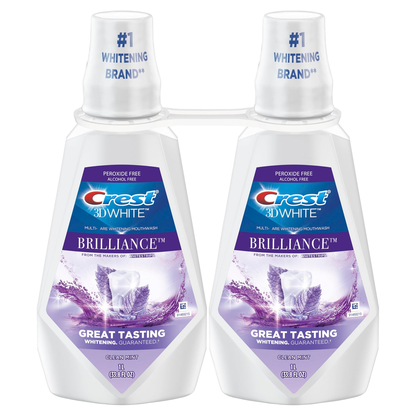 Crest Mouthwash/Mouth Rinse, 3D White Brilliance Whitening, Alcohol Free, Clean Mint, 2x1L (33.8 fl oz)