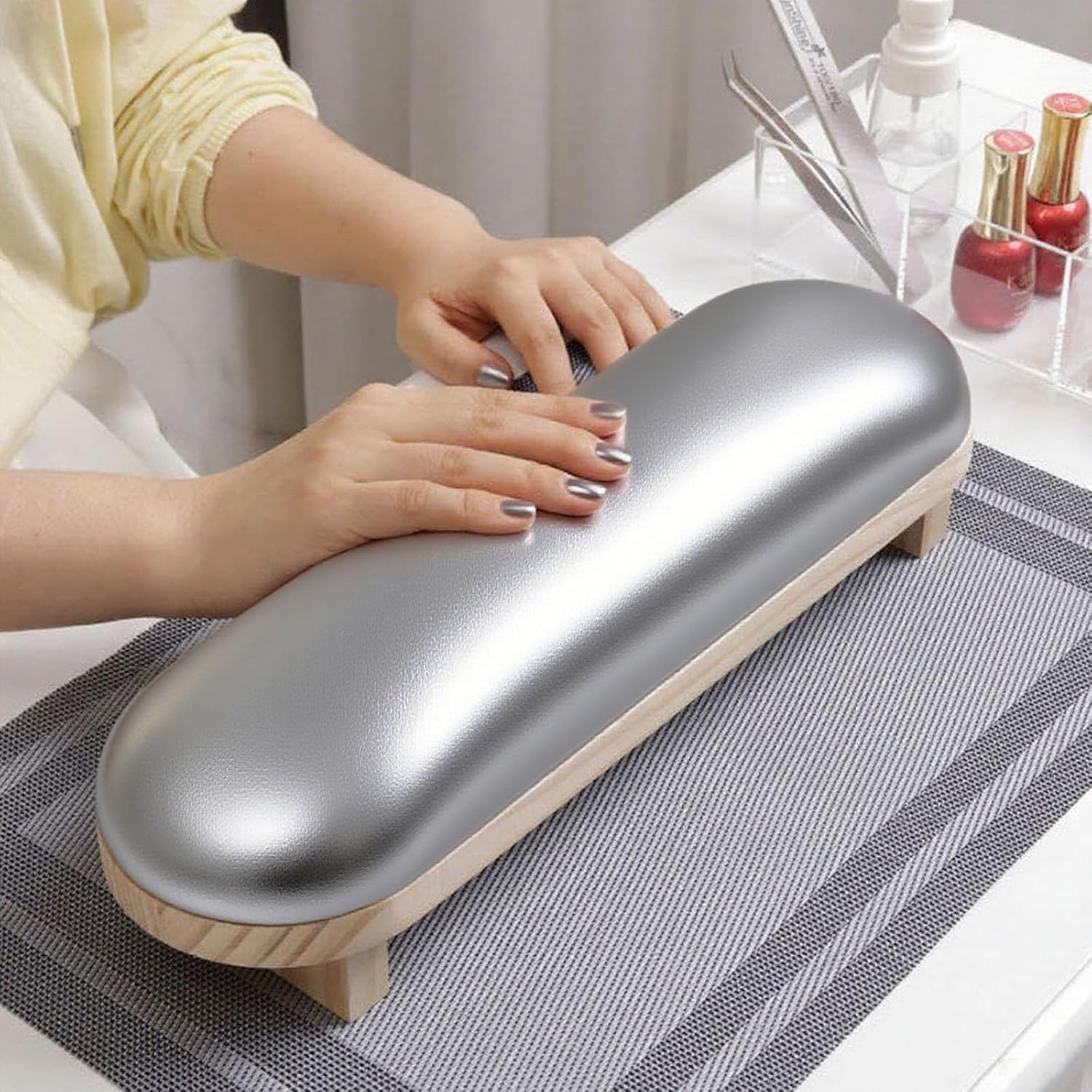 Manicure Hand Rest Pillow - TANG SONG Wooden Nail Stand Cushion for Nail Tables (Cream Yellow)