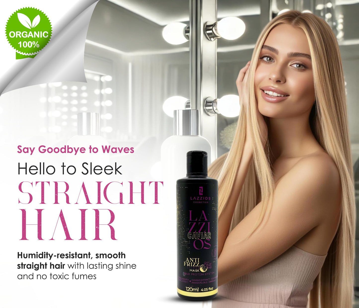 Lazzios Caviar Organic Hair Protein – Brazilian Straightening Treatment – Formaldehyde-Free, Anti-Frizz Hair Organic Formula with Hyaluronic Acid, Hydrolyzed Keratin, Caviar Extract – (120ml)