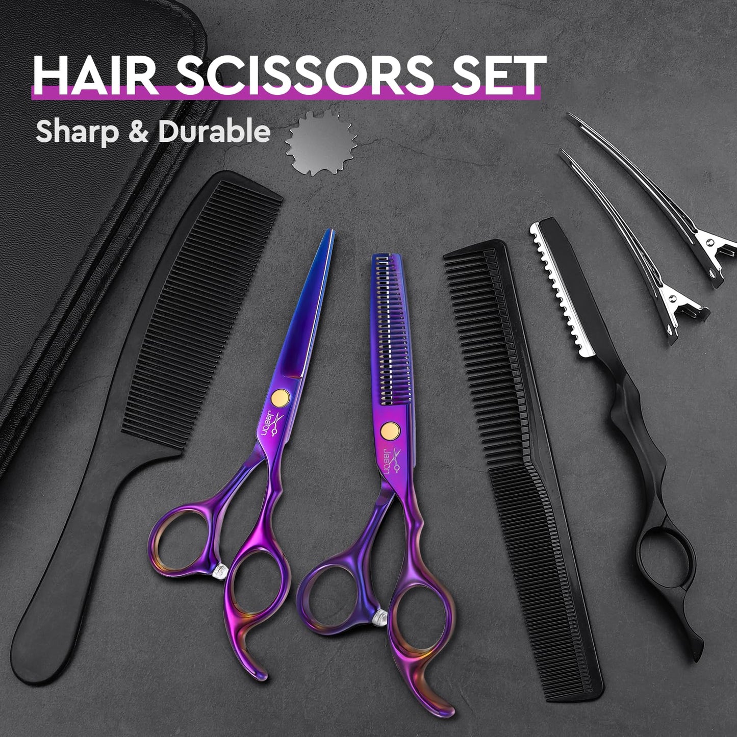 JASON Hair Scissors Professional - 10 PCS Haircut Scissors Set, Thinning Shears for Hair Cutting with 30 Teeth, Straight Shears for Men Women Home Salon Barber (6.7", Purple)