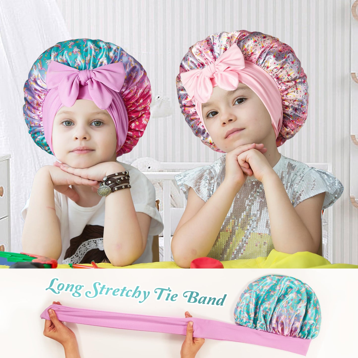 choshion Kids Bonnet for Girls, Satin Bonnet for Sleeping, One Size, Set of 2, Unisex-Kids, Hat