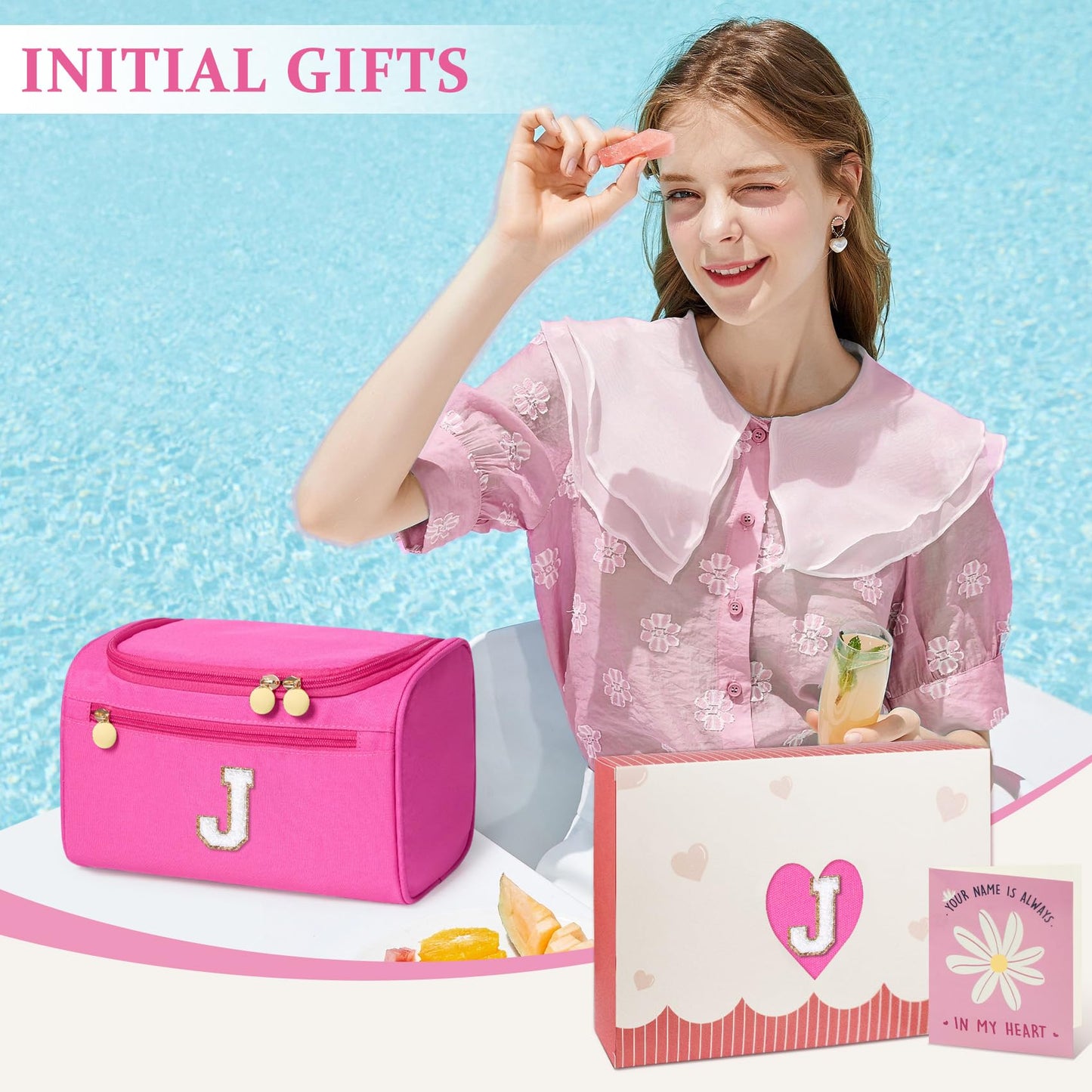 COSHAYSOO Cool First Communion Confirmation Gifts Baptism Dance Recital Trip Favor Gifts for Women Teen Girls Travel, Monogrammed Initial Hanging Toiletry Bag Waterproof Toiletries Hot Pink Letter J
