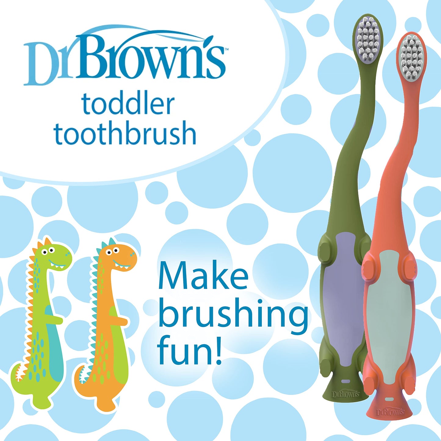 Dr. Brown's Toddler Toothbrush, Dinosaur, Green and Orange, 2-Pack