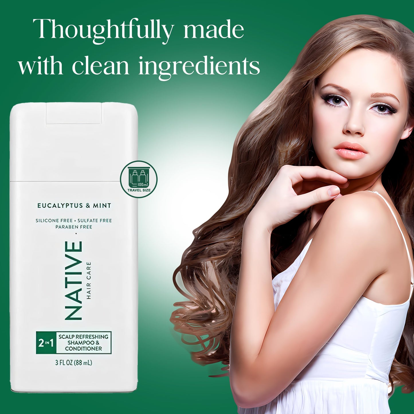 Native 2 in 1 Shampoo and Conditioner, 2 Pack Travel Size Shampoo and Conditioner for Men and Women with Naturally Derived Plant Based Ingredients, Eucalyptus and Mint Scent, 3 oz. Each
