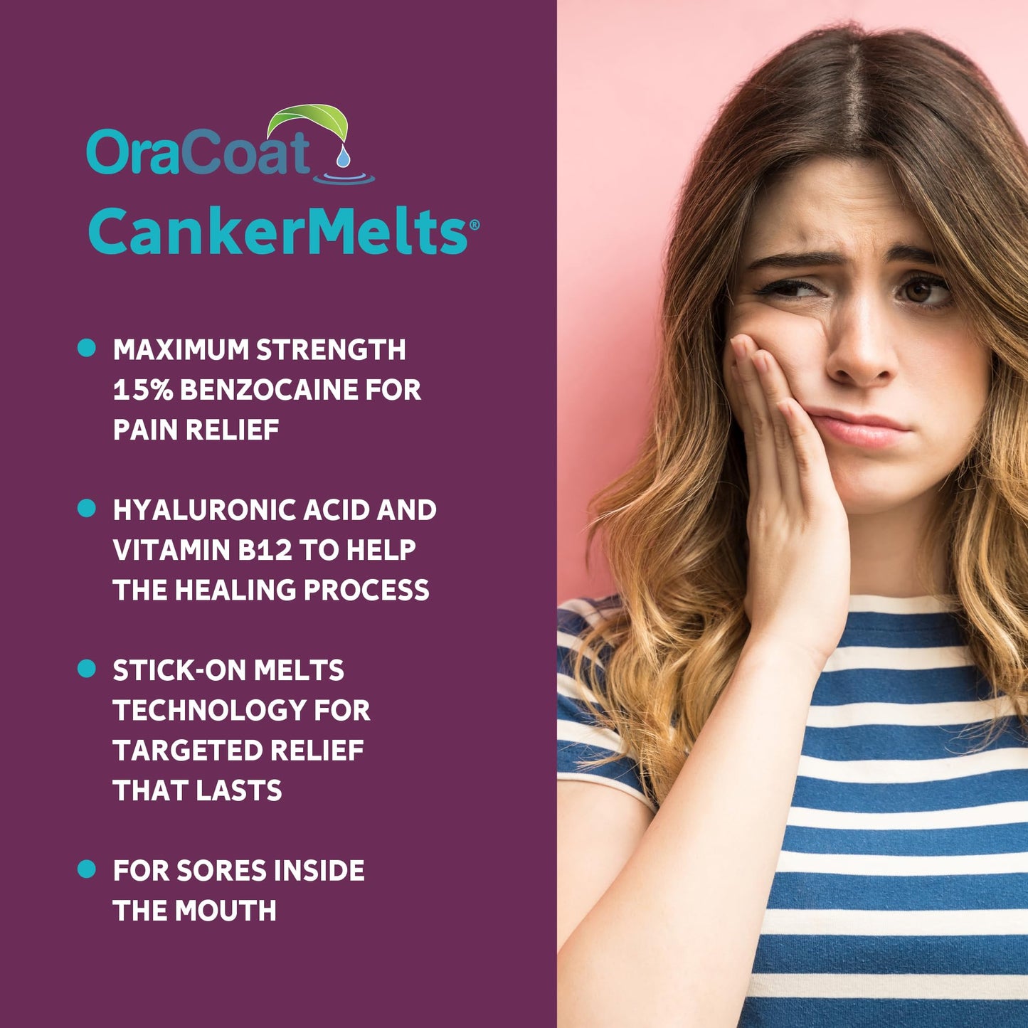 Oracoat CankerMelts Canker Sore Treatment - Stick-On Pain Relief Melts for Fast Acting Relief Inside Mouth with Benzocaine, Hyaluronic Acid & Vitamin B12, Pack of 20