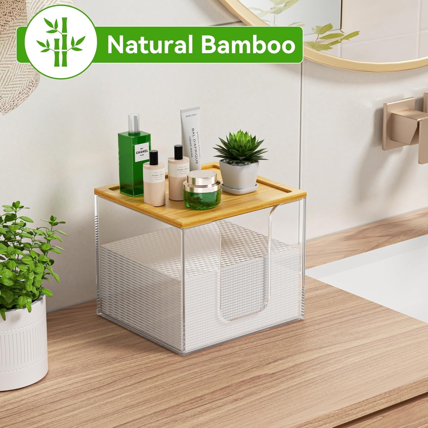 VITVITI Acrylic Face Towel Holder Box - Large Disposable Towel Storage with Bamboo Lid for Bathroom & Vanity