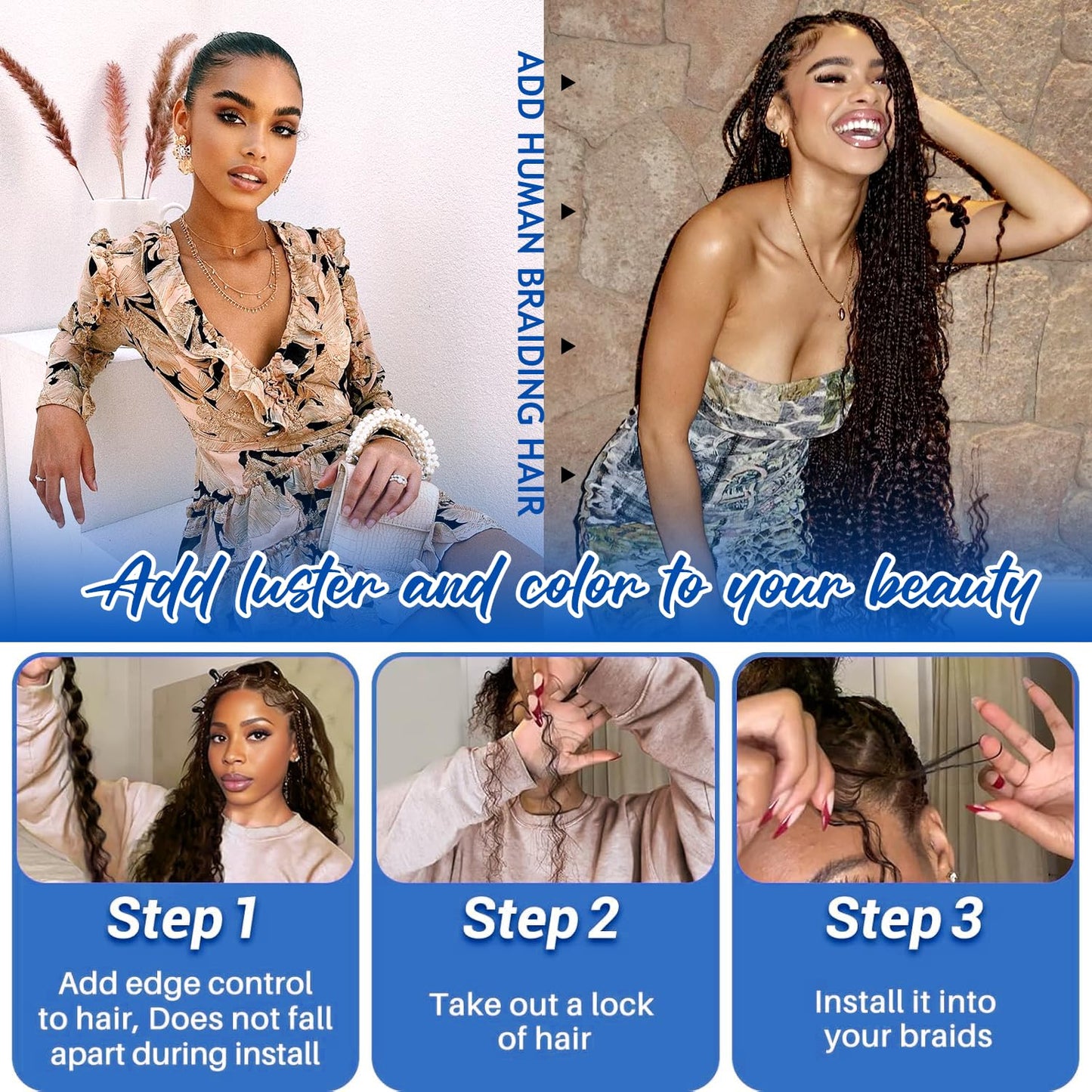 Bizvus Human Braiding Hair for Boho Braids 110g Deep Wave Boho Bulk Human Hair for Braiding Knotless 12A Wet and Wavy Bulk Bohemian Curly 3 Bundles/Pack #350 Copper Color 16inch