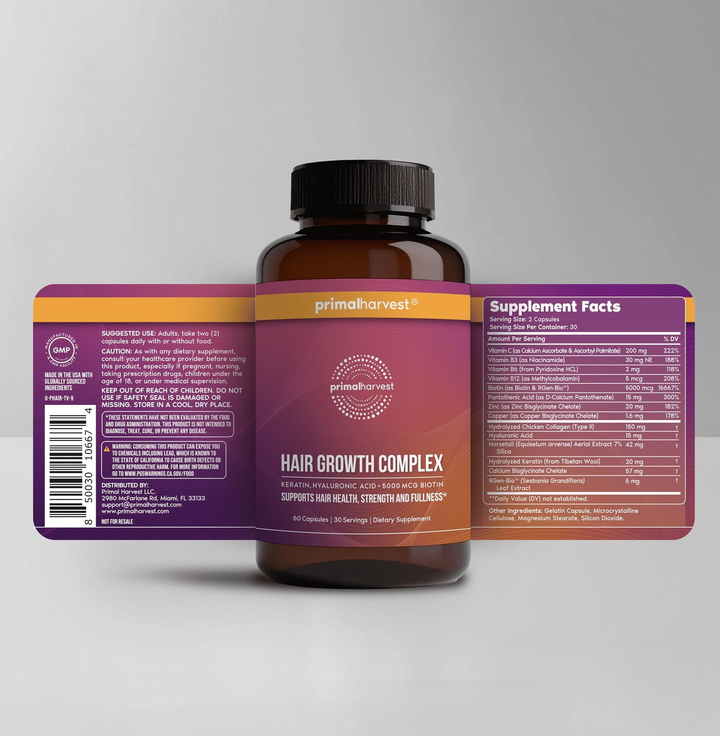 Primal Harvest Hair Growth Vitamins, Hair Growth for Women & Men - 60 Hair Growth Pills, Natural Hair Thickening Products for w/Biotin & Zinc - Hair Supplement, Regrowth Hair Vitamins