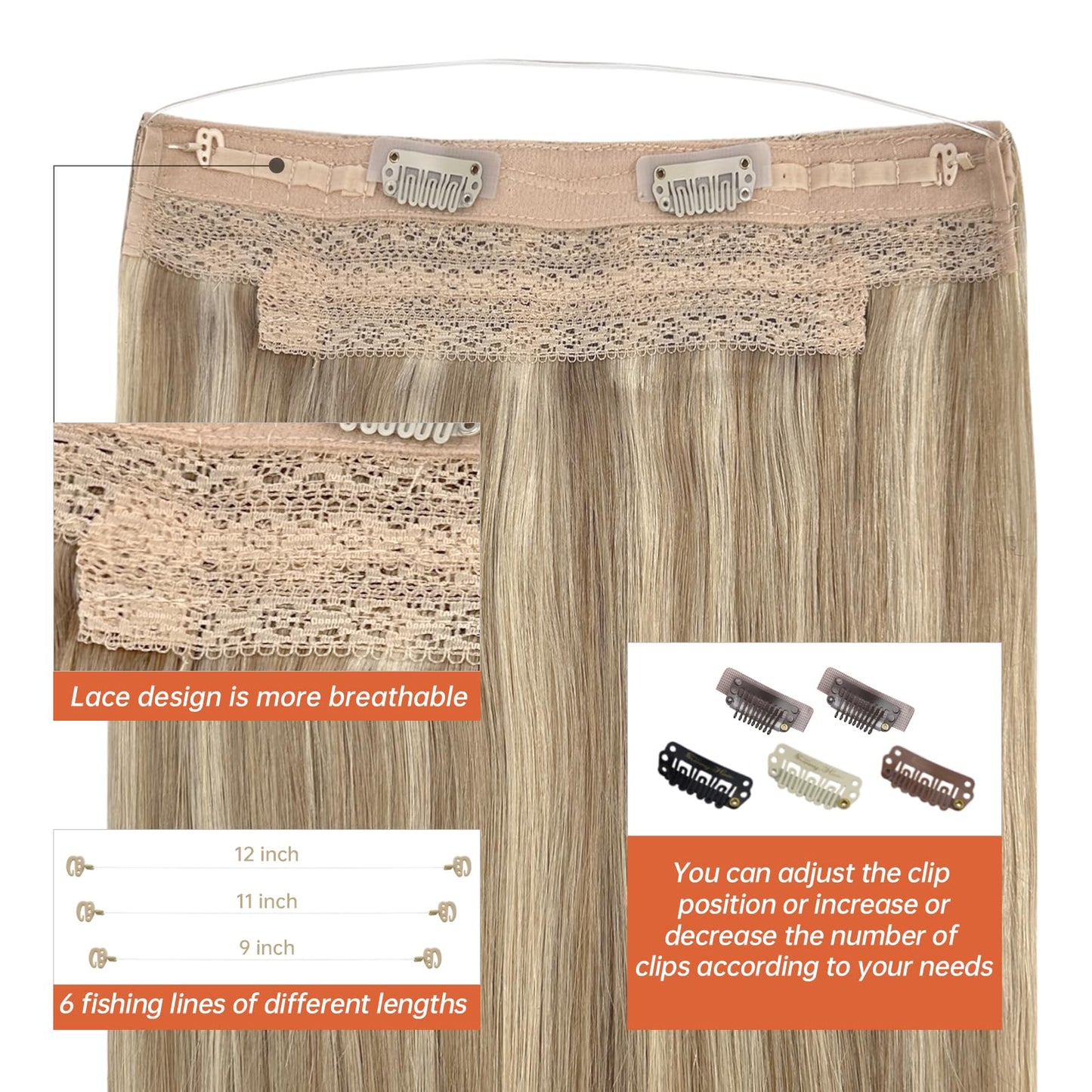 Sunny Wire Hair Extensions Real Human Hair Fish Line Human Hair Extensions Invisible Wire Extensions Golden Blonde with Medium Blonde Highlights #16/22 18 Inch