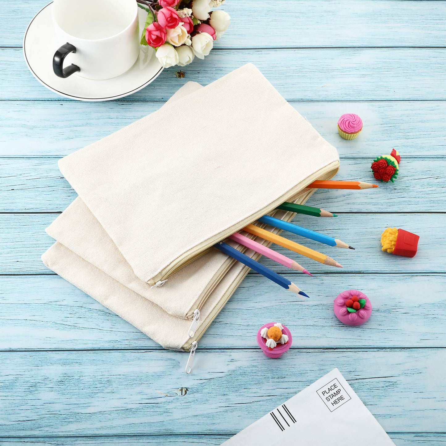 16 Pack Canvas Makeup Bags - Blank Zipper Pouches for DIY Crafts & Travel Toiletry Storage (Beige)