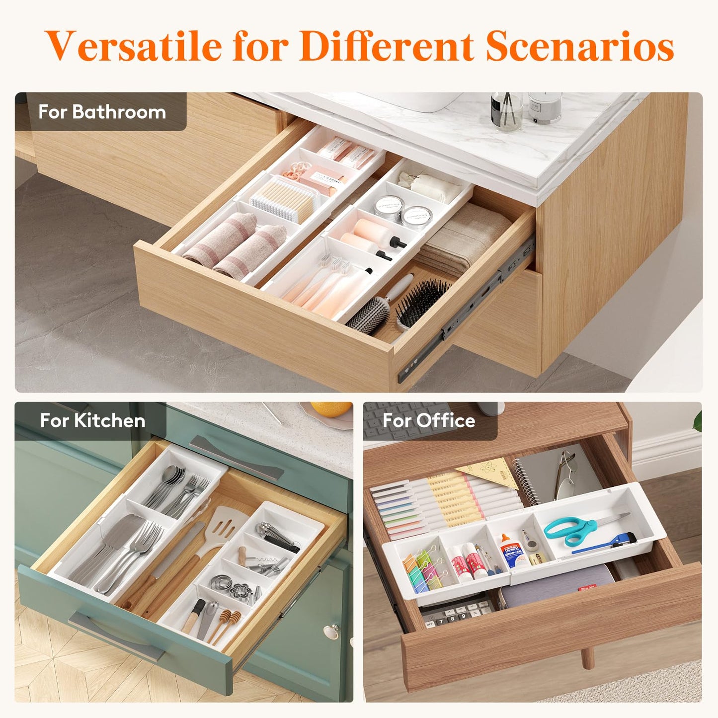 Lifewit 2 Pack Sliding Makeup Drawer Organizer Trays with Inserts, Extendable Hanging Desk Drawer Divider, 14-23" Long/1.8" High Plastic Organizer Tray in Vanity/Bathroom/Office/Kitchen, White