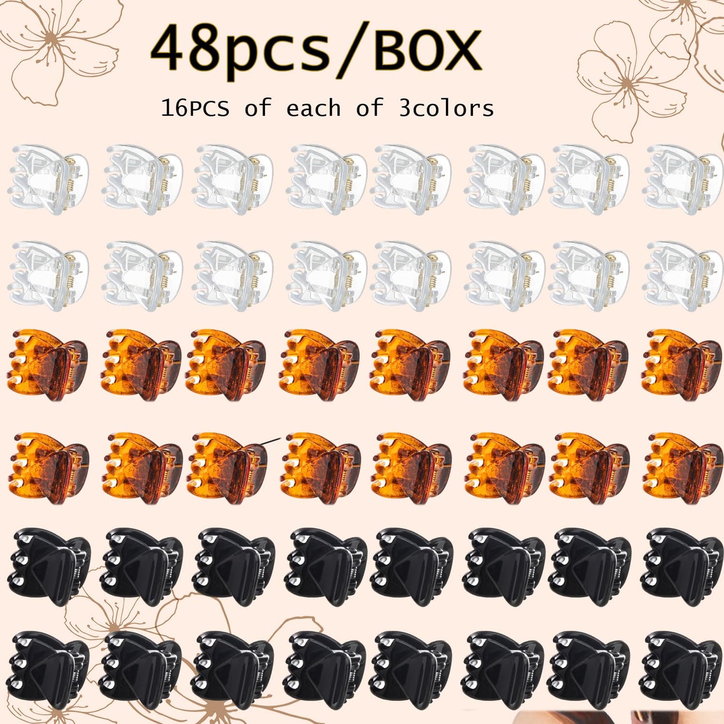 Mini Hair Claw Clips - Stylish gril/women/baby Hair Claw Clips | Stays In Place Without Pulling or Snagging,Strong Grip, | Durable Plastic, Sturdy - Tortoise & Black & Clear, 48 Pcs