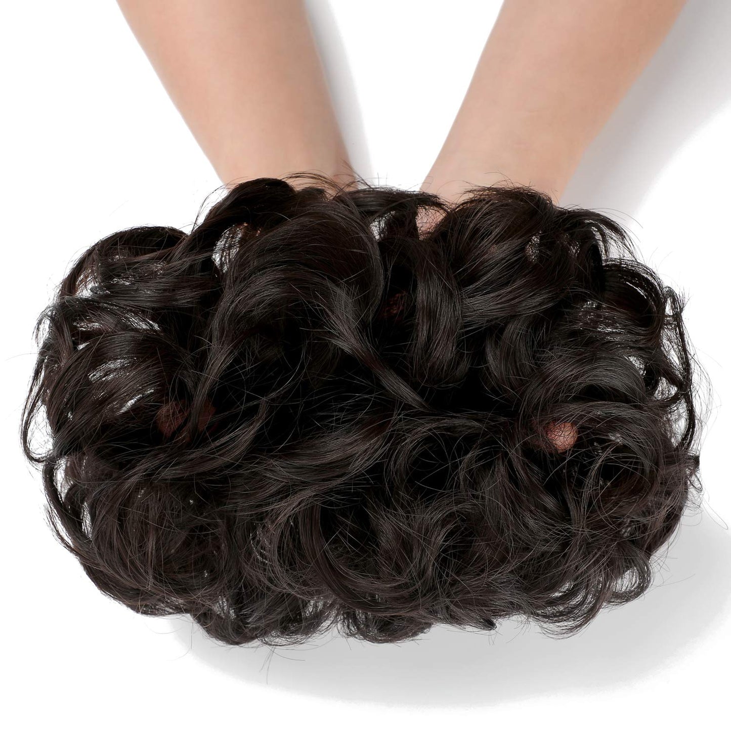 FeidyLong 2 PCS Messy Bun Hair Piece Wavy Curly Hair Bun Scrunchies Extensions Synthetic Chignon Thick Updo Hairpieces for Women Girls(Dark Brown)