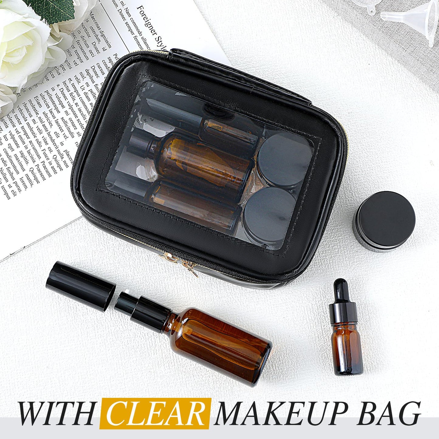Jingmore 13 Pcs Glass Skincare Travel Containers Mini Makeup Containers Travel Size Toiletries Bottles with Pump Spray and PU Leather Toiletry Bag for Liquid Serum Cream Moisturizers Oils(Brown)