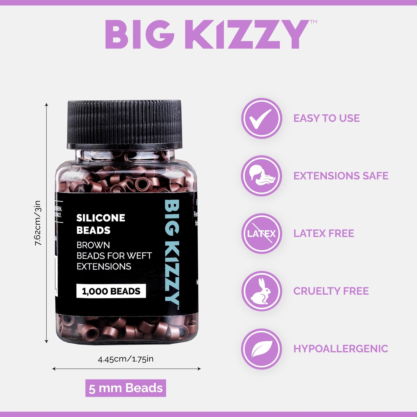 Big Kizzy 1000pcs Brown Silicone Lined Microlink Beads for Weft Hair Extensions, 5.0mm for invisible extension application