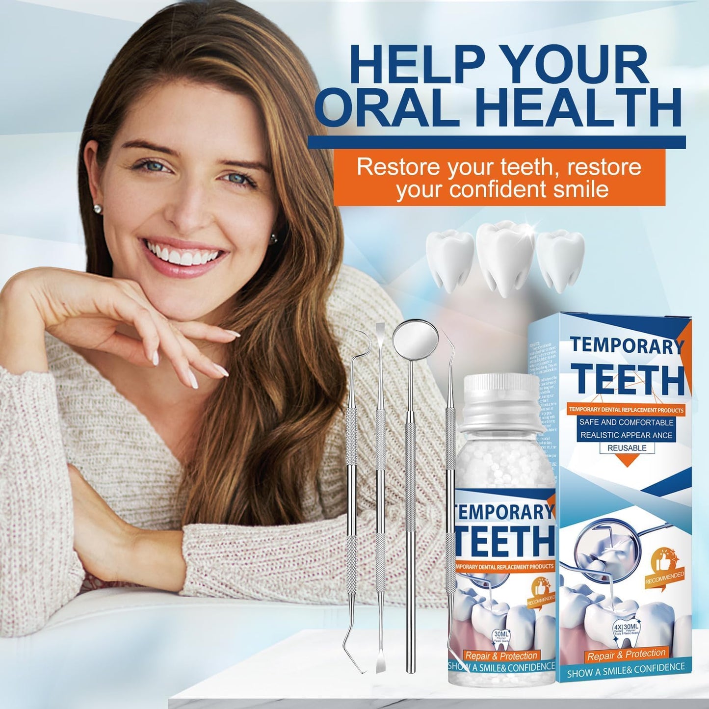 Tooth Repair Kit, Moldable Tooth Filling Repair Kit with 4 Dental Tool, Dental Care Kit Fixing The Missing and Broken Replacements, DIY Natural Filling Fake Teeth,Smile Confidently Again-8A